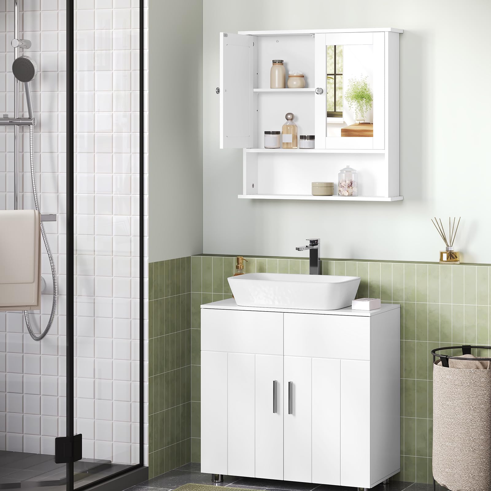 EUGAD Mobiletto Pensile da Bagno con Specchio Salvaspazio Armadietto da Lavabo con Due Porte 56 * 13.5 * 58.5cm Bianco