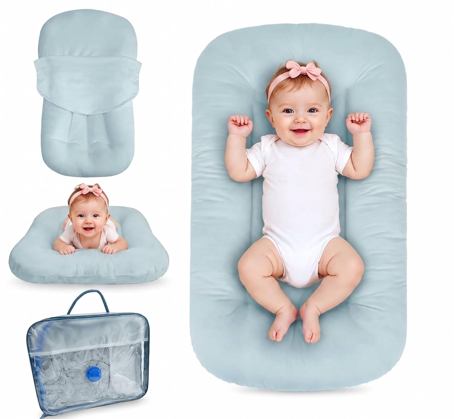 Baby Lounger for Newborn 0-24 Months, Bionic Design Infant Floor Seats & Loungers for Home and Travel, Soft Organic Cotton Baby Lounger, Newborn Babies Shower Gifts (Blue)