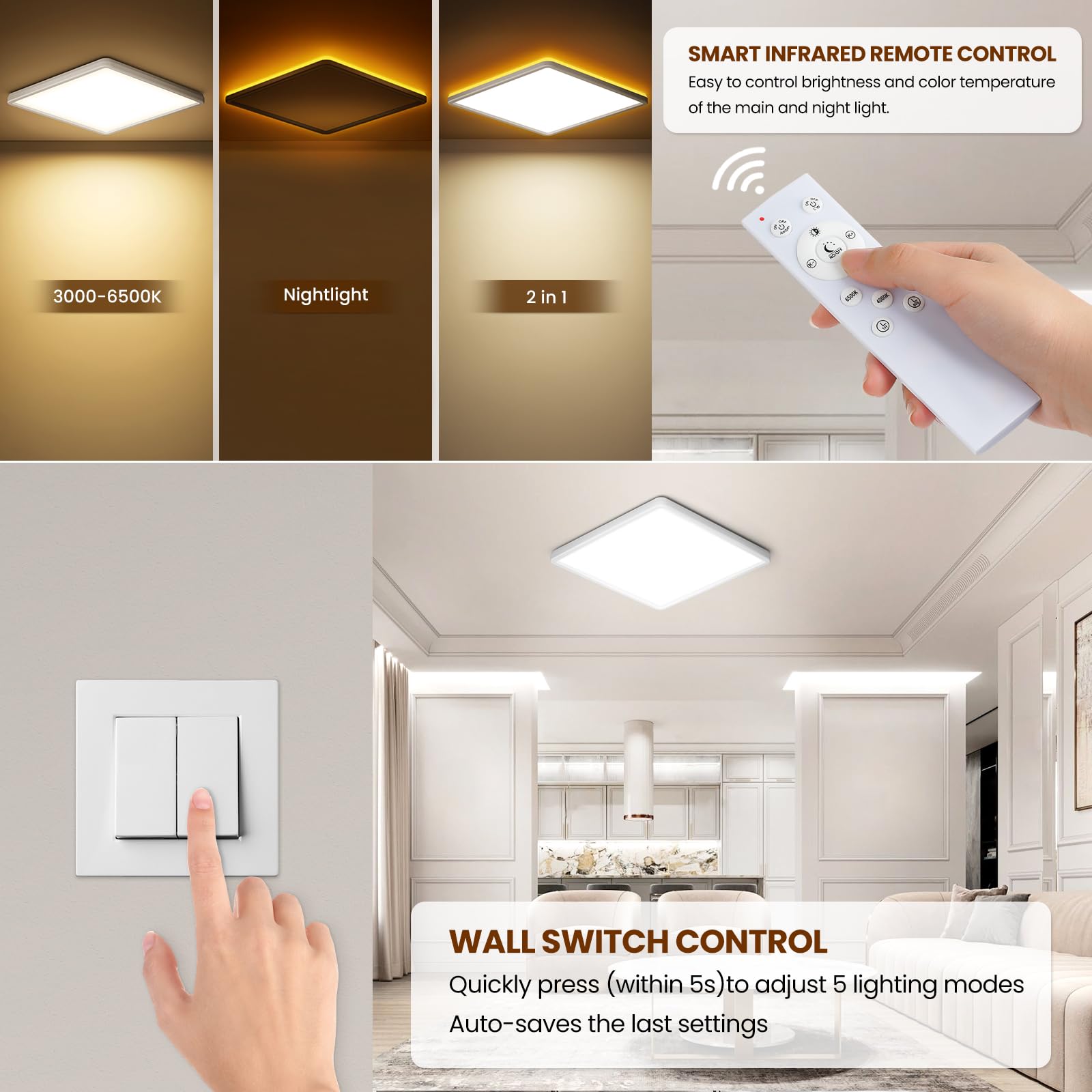 Plafonnier LED Carré 24W, Lampe de Plafond avec Telecommande, Veilleuse Dimmable 1800K, Panneau 3000K-6500K, Luminaire Plafonnier Ultra Fin Adapté Aux Chambres Chambres d'enfants SalonsØ30CM
