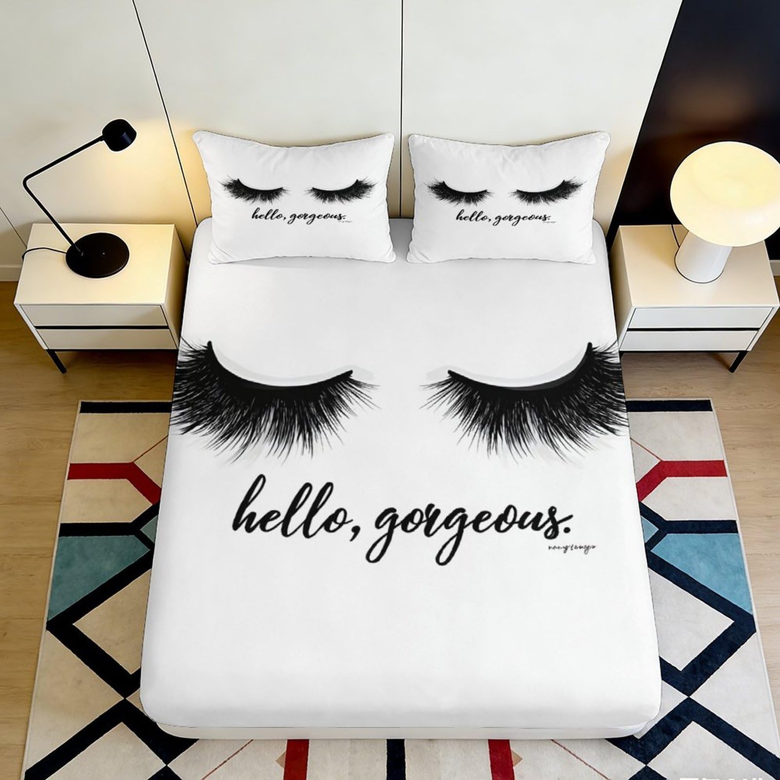 3D Printed Eyelash Fitted Sheet Microfiber Soft Breathable Hello Gorgeous Bed Cover for Bedroom Dorm Mattress Decor 90x200x25cm