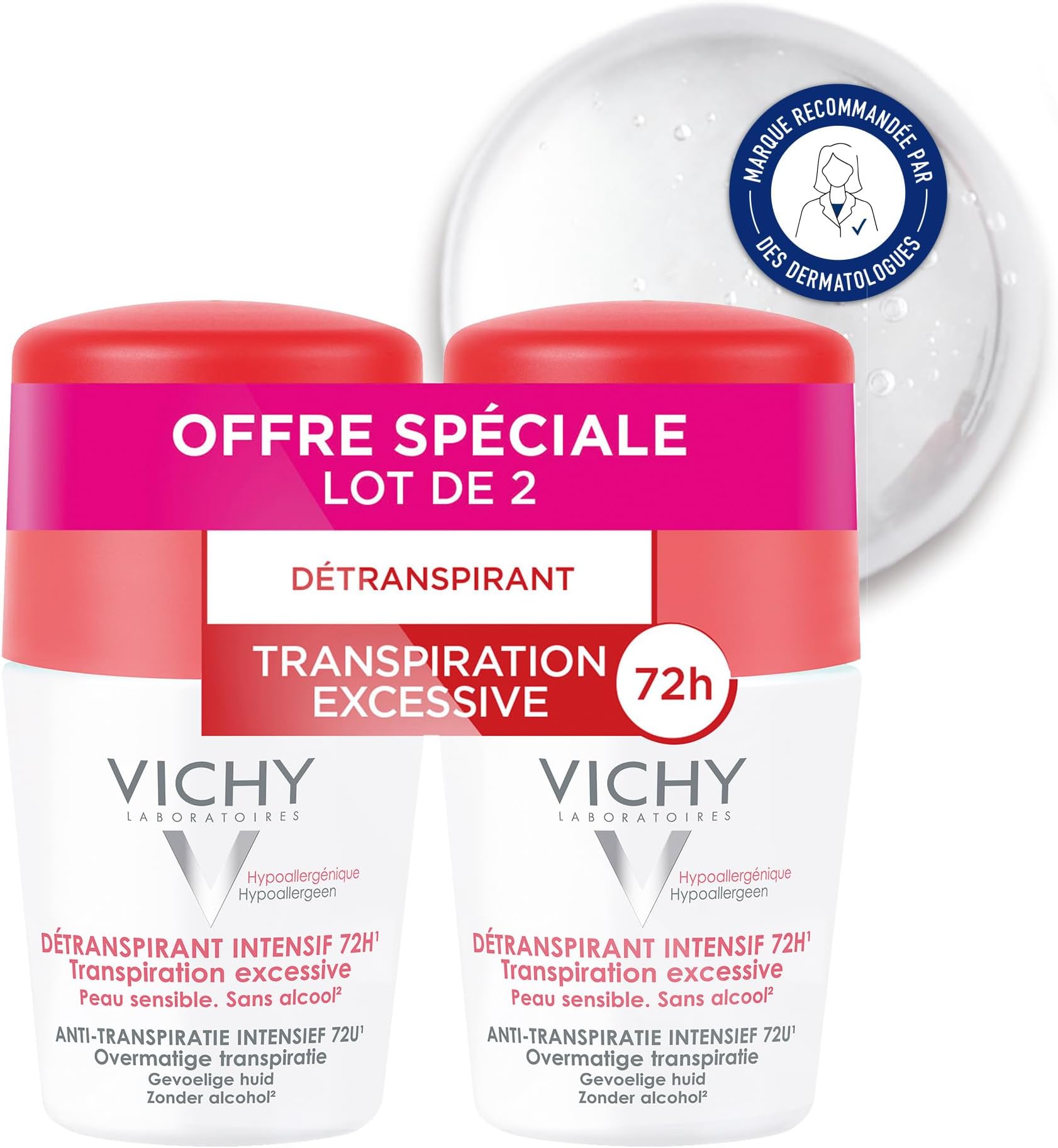 Vichy 72 Hours Excessive Transpiration Deodorant Roll-On 100 ml 2 pieces