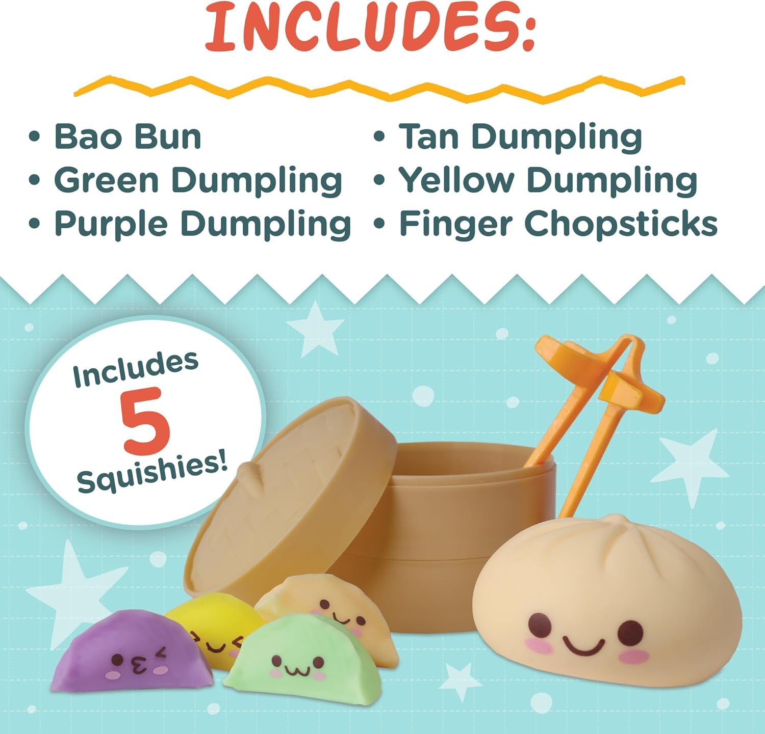 MindWare Foodie Fidgets Set of 3 Squishy Sensory Toys Including Ramen Noodles, Boa Bun, Dumplings and Squishy Suishi Tray Fidget Toys for Kids and Adults