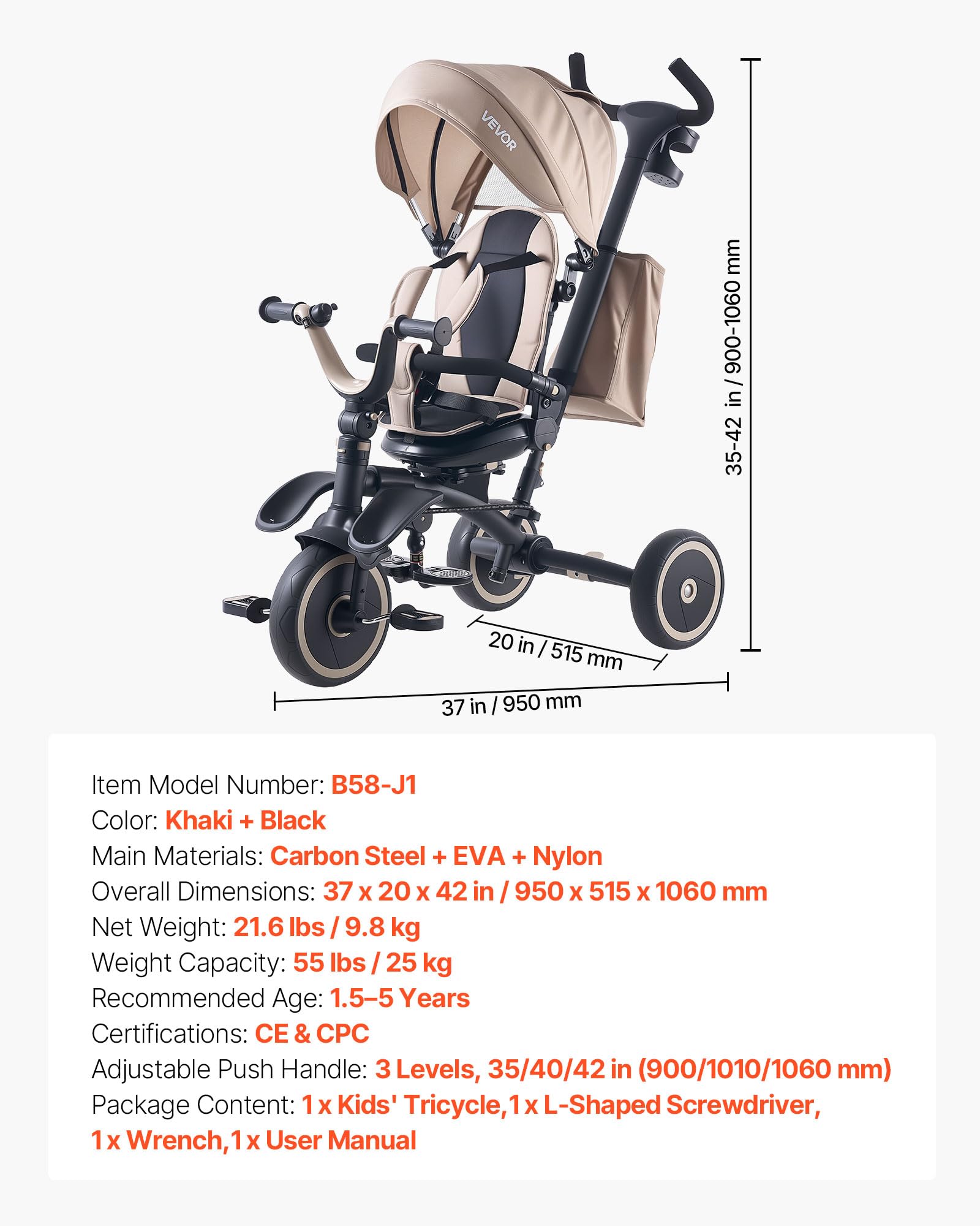 VEVOR Triciclos Plegable para Niños de 1,5 a 5 Años, Triciclo Infantil con Manillar de Empuje, Capota, Asiento Giratorio, Espacio de Almacenamiento, Cuadro de Acero al Carbono, Caqui y Negro