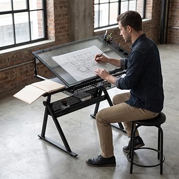 Drafting Table w/Art Stool, Height Adjustable Drawing Desk for Adults, Multifunctional Art Craft Desk with Tilting Glass Top, 2 Storage Drawers, Painting Workstation for Home Office ArtistBlack