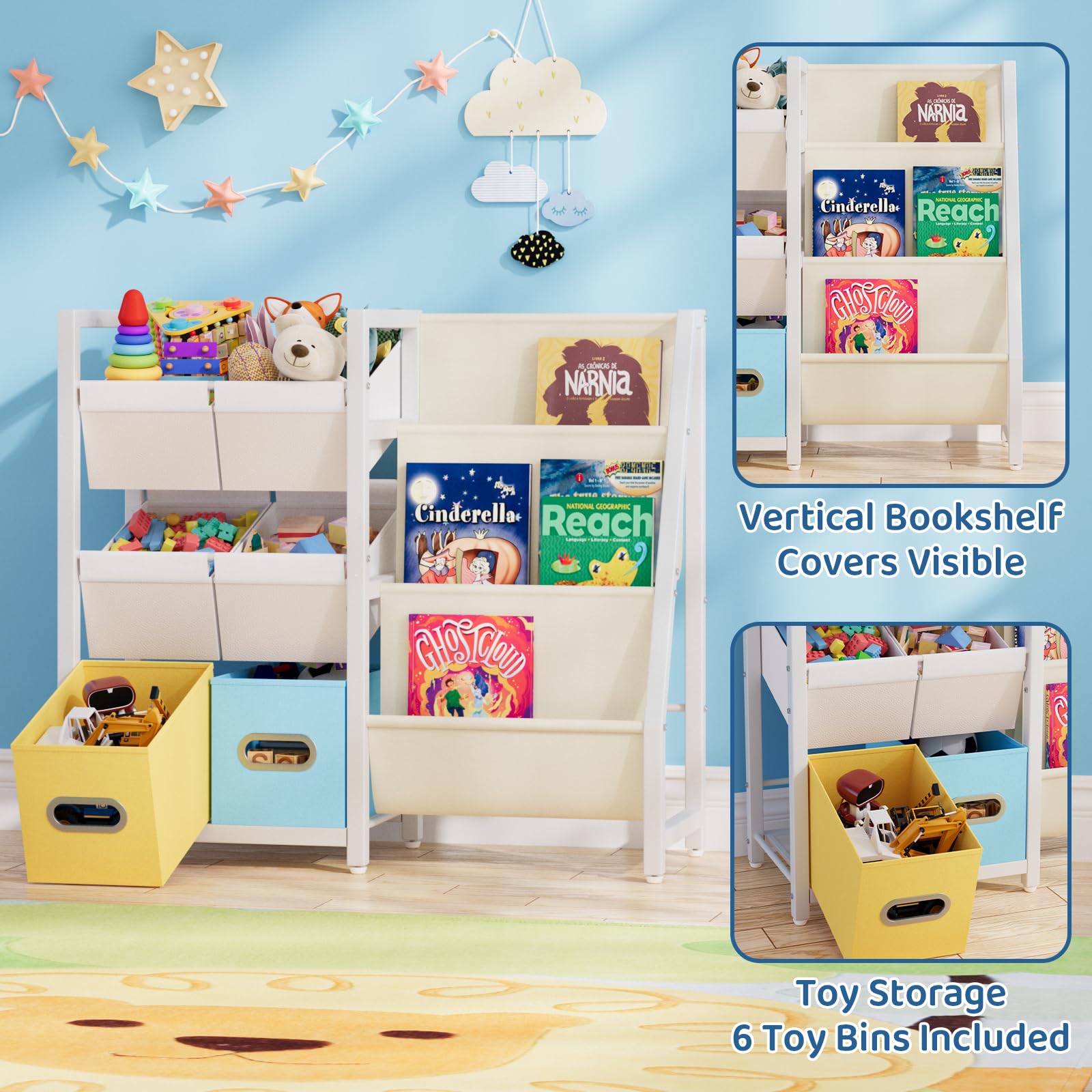 HAVLOTII Montessori - Libreria per bambini, con 3 scomparti, per la cameretta dei bambini, piccola libreria con 6 contenitori per giocattoli, espositore per libri Montessori