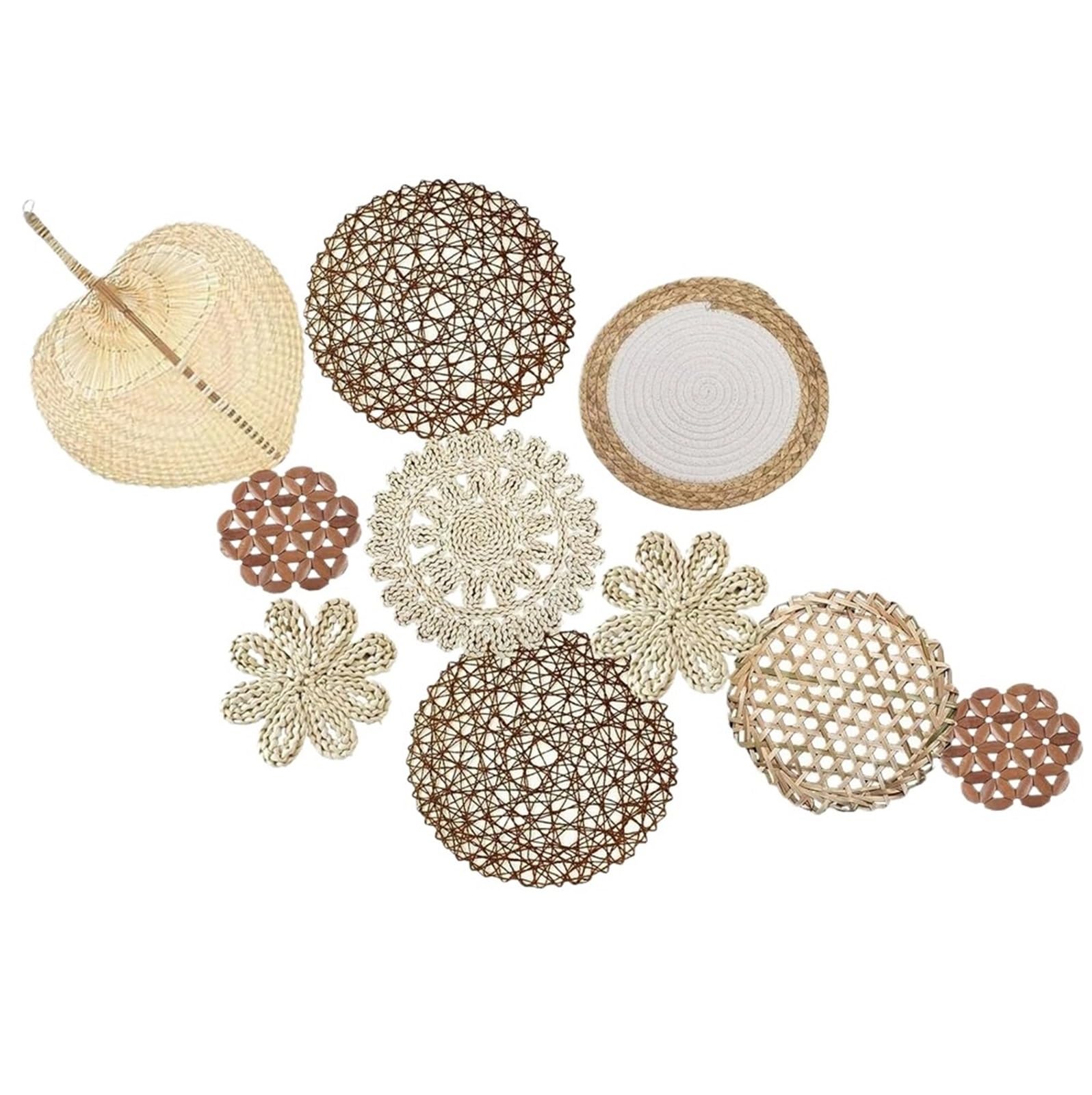 Cesta de decoración de pared Natural, decoración de pared redonda de ratán hecha a mano, decoración colgante de pared de granja for dormitorio y sala de estar, 10 Uds. para Salón, Dormitorios, Cocina