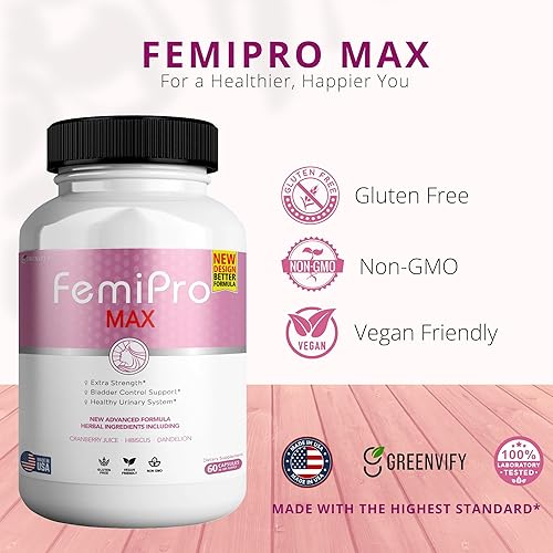 Miniatura 6 de FemiPro MAX Suplemento de apoyo urinario para mujer, 60 cápsulas, control de vejiga extra fuerte con arándano, hibisco, diente de león, vegano, sin