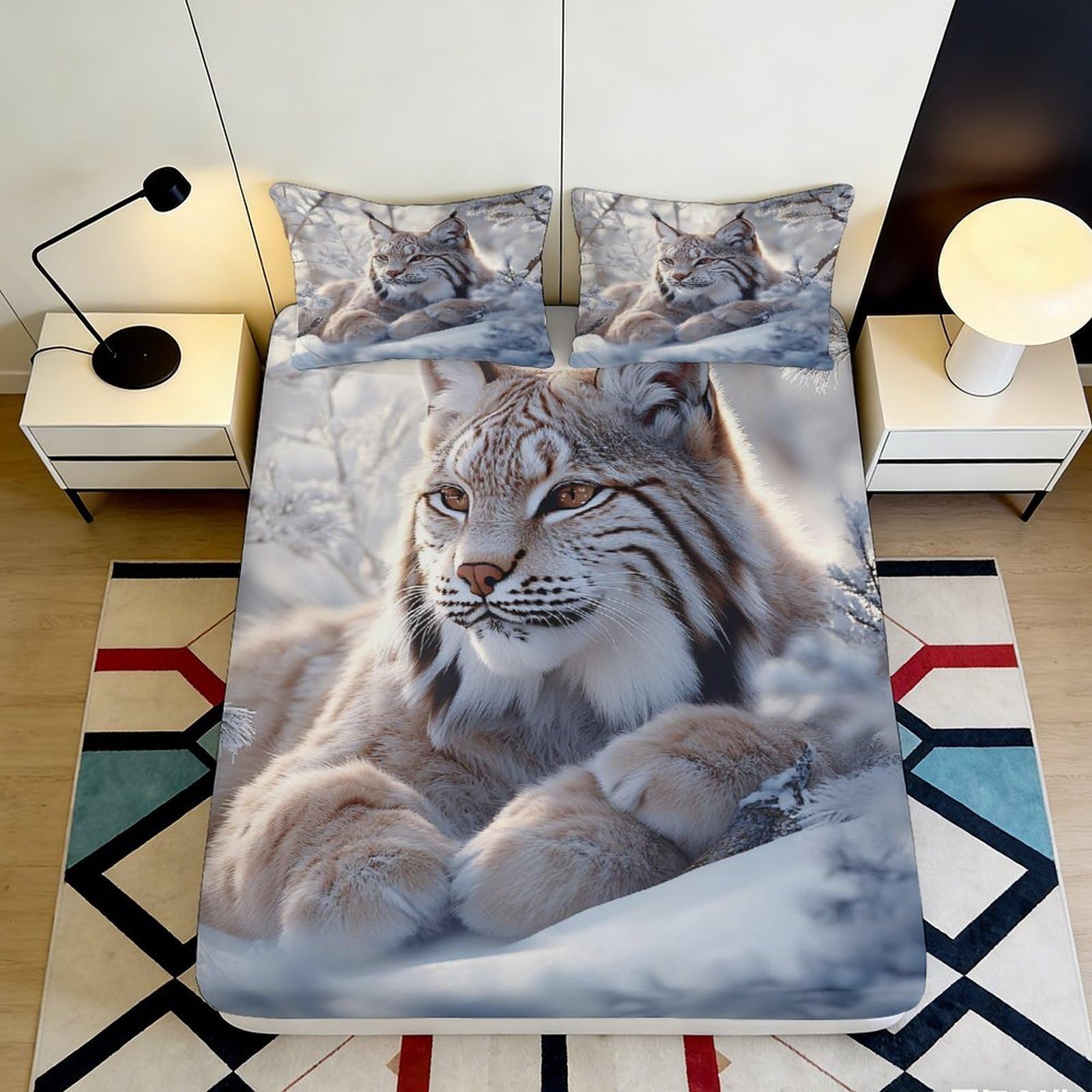 3D Printed Lynx Forest Fitted Sheet Microfiber Soft Breathable Snow Mountain Bed Cover for Bedroom Guest Room Decor 90x200x25cm