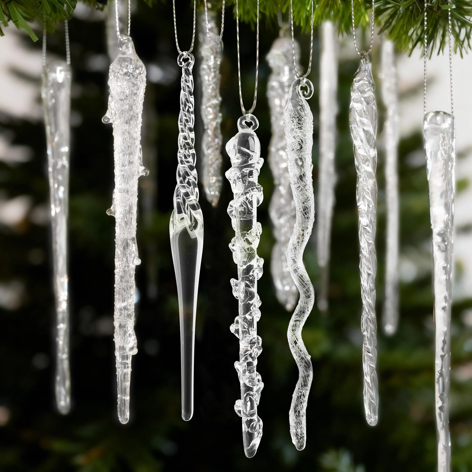 Glas-Eiszapfenornamente für Weihnachtsbaumschmuck, 32 Stück, klares Glas, Eiszapfen, Hängeornamente, Anhänger für Weihnachtsbaum, Frozen, Winter, Hochzeit, Neujahr, Party, Heimdekoration, 9 Designs