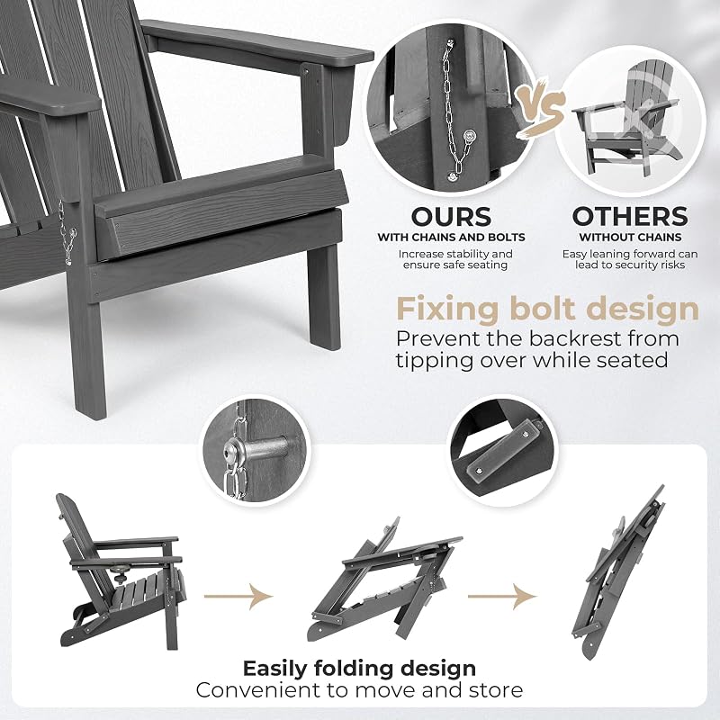 SFYLODS HDPE Adirondack Chair, Folding Outdoor Patio Chair with Cup Holder, Weather Resistant Wood Grain Lawn Chair for Backyard, Garden, Fire Pit, Deck, Gray image 4