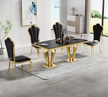 5-Piece Marble Dining Table Set for 4, Luxury Gold Kitchen Table and Chairs Set of 4, 68" Black Marble Pedestal Dining Room Table with 4 PU Leather Chairs for Kitchen Dinette Furniture