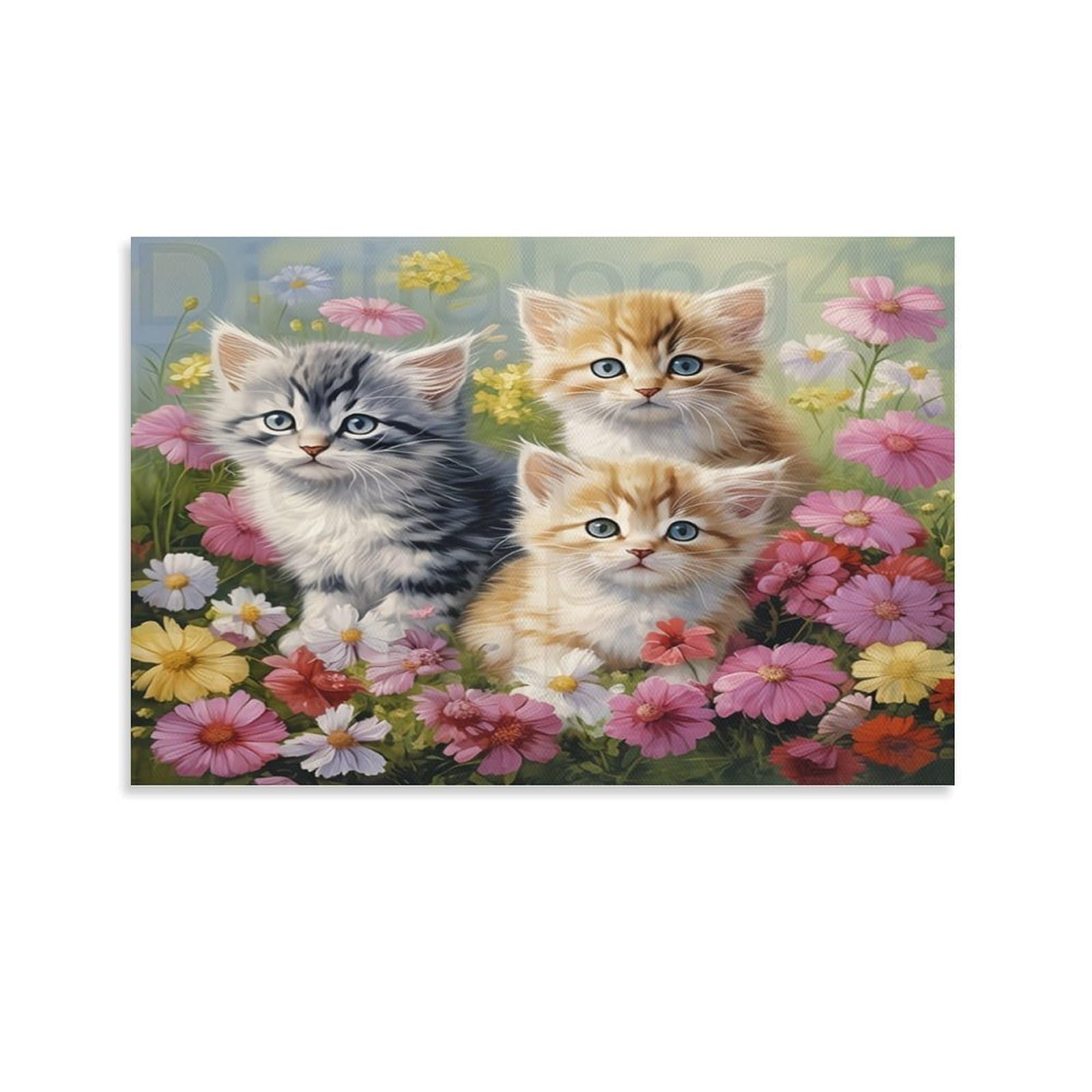 CPLVKWRQJ Cute Kitten Flowers Individual Three Kittens Wildflower Field Framed Canvas Art - Living Room Focal Point Fade Resistant Gallery Wall Decor 08x12inch(20x30cm)
