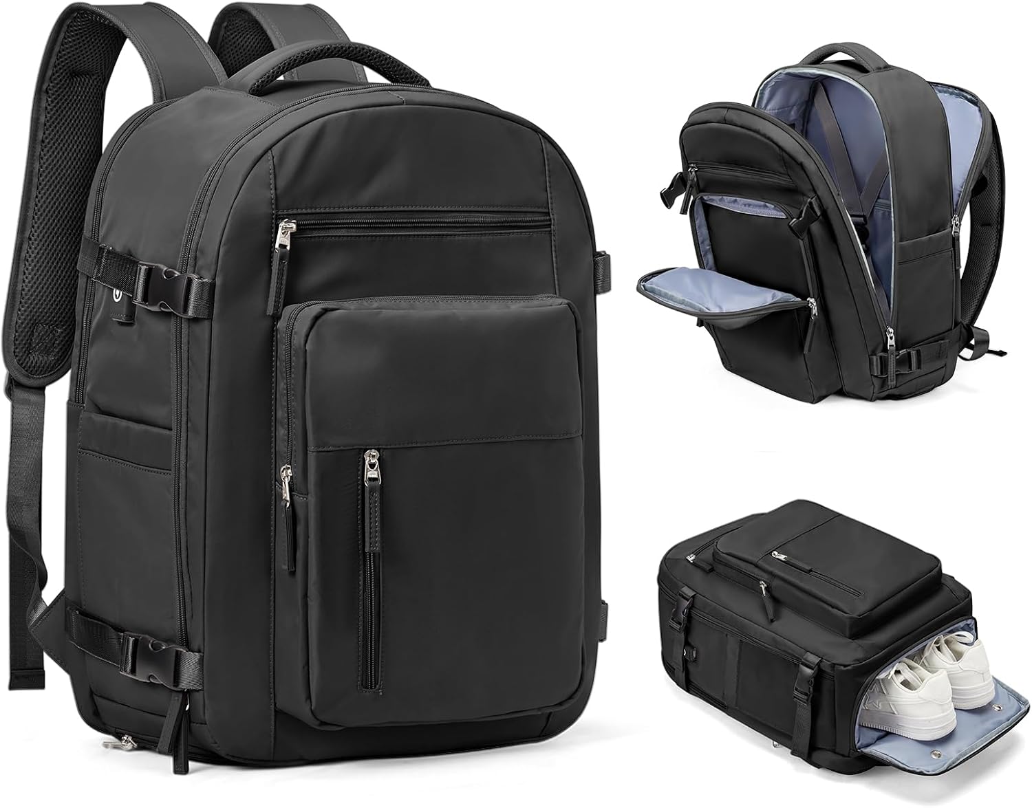 Black Travel Backpack For Women Men Carry On Backpack Flight Approved Travel Bag Personal Item Waterproof Luggage Backpack With Shoe & Laptop Compartment