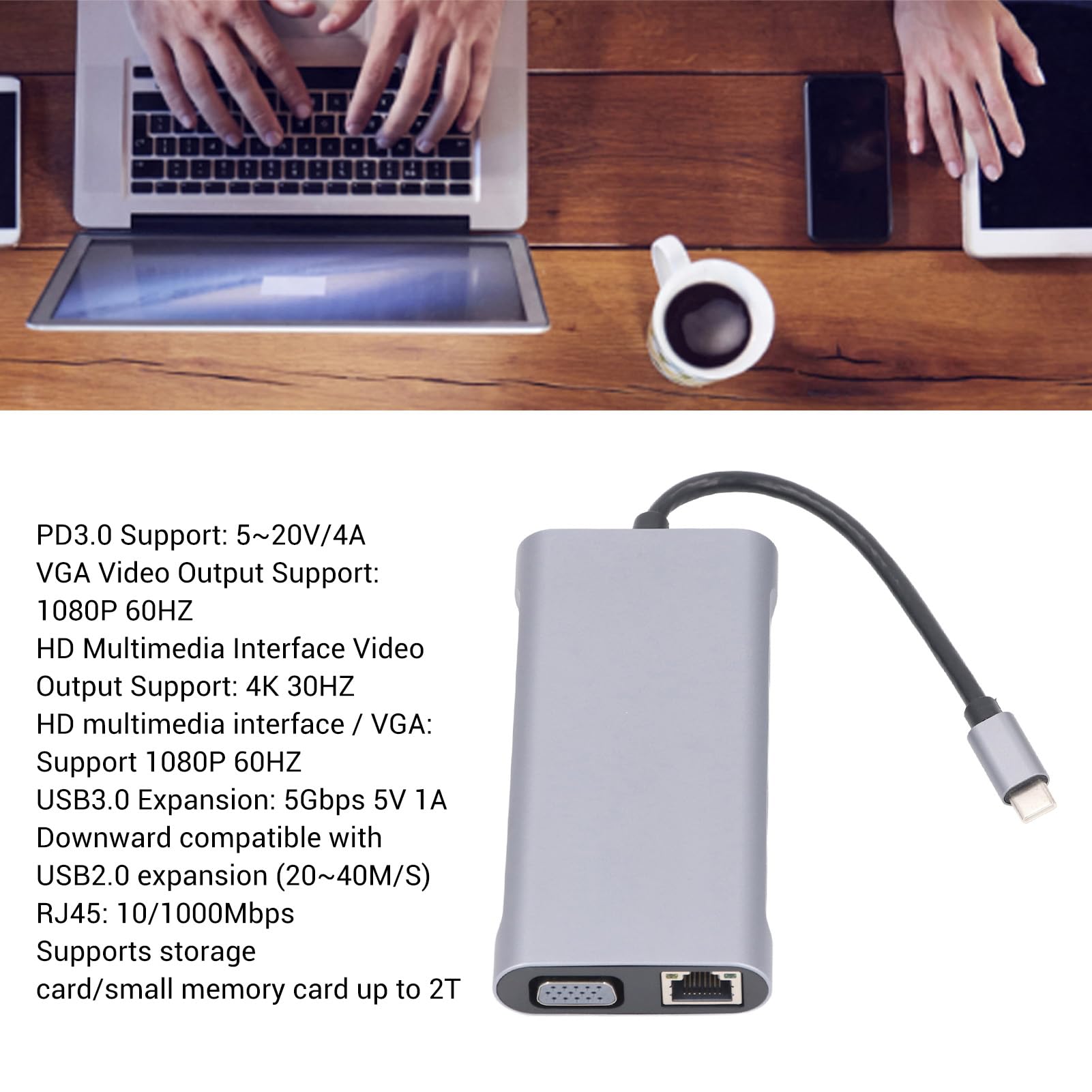Adapter HUB USB C 11 w 1: 4 porty USB 3.0, audio, VGA, RJ45, Ethernet 1000M, 4K do 30 Hz, stacja dokująca typu C.