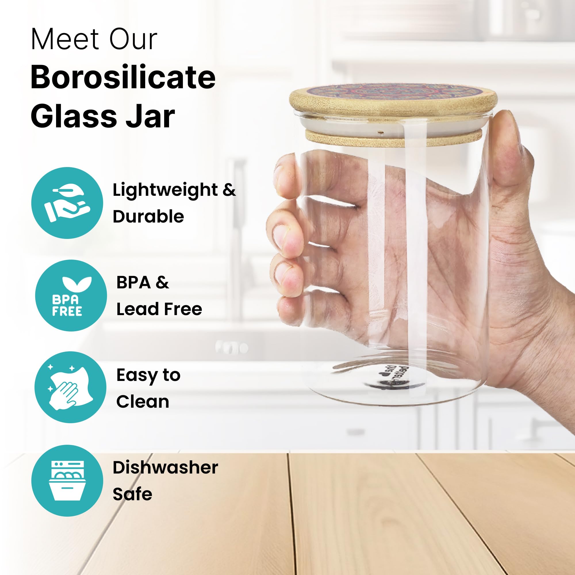 The Better Home Juego de tarros y recipientes de cocina de borosilicato con tapa (2 unidades, 600 ml cada uno), tapa de bambú hermética, tarro para caja de almacenamiento de cocina, tarros para