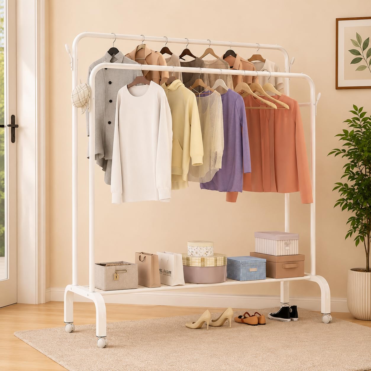 SNKR ESSENTIALS Heavy Duty Clothes Drying Stand for Clothes – Double Rod Cloth Drying Stand Metal with Wheels & Side Hooks | Foldable Clothes Rack Kapde Stand for Balcony,Bedroom,Home