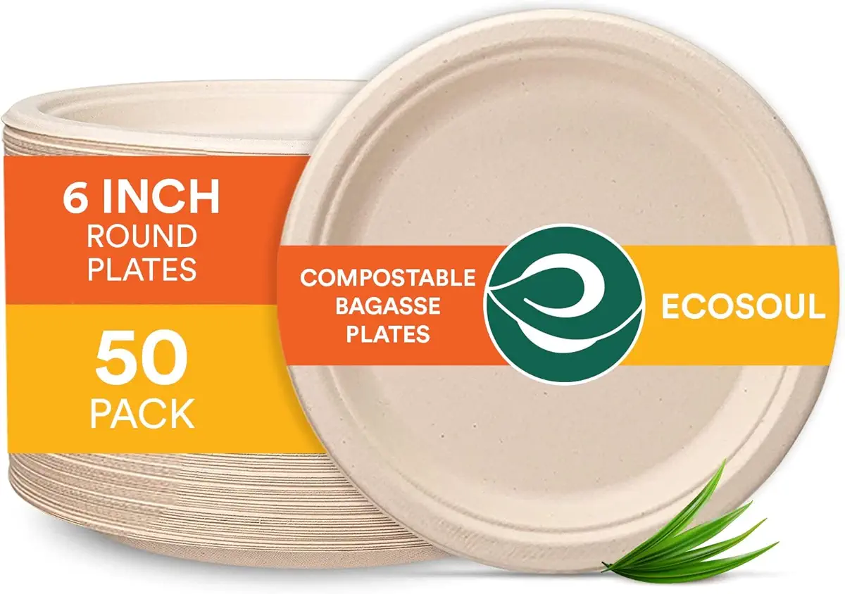 ECO SOUL [6&#34;, 50-Pack | Compostable Bagasse Round Plates| Disposable Eco-Friendly Biodegradable Dinner Plates | Party, Wedding, Event Plates