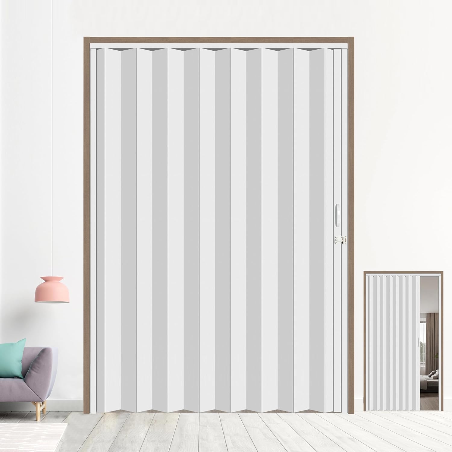 72x79in interior folding accordion doors for living spaces,white pvc,handle latch includes