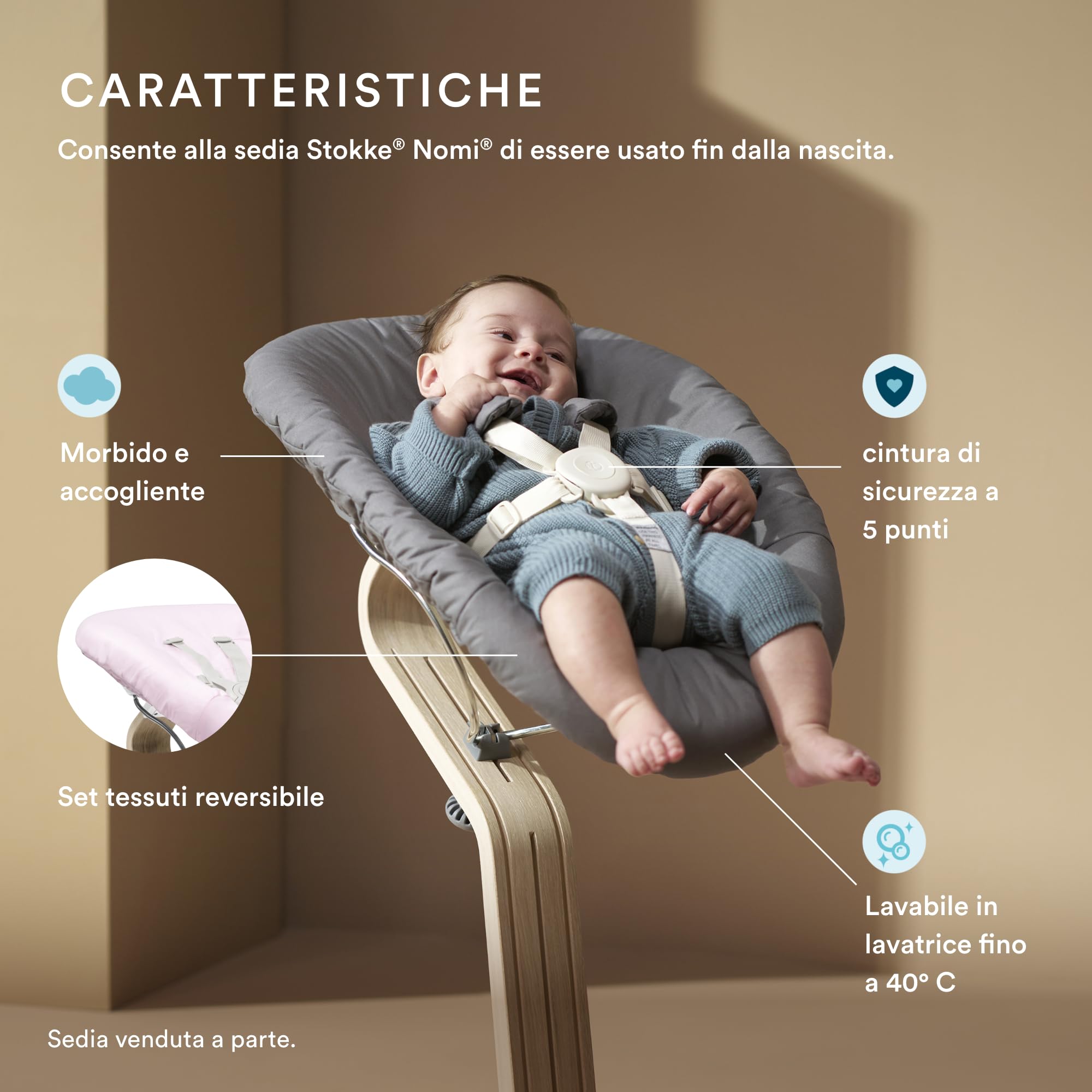 Newborn Set Stokke Nomi, White/Grey Pink - Include una cintura di sicurezza a 5 punti e un set di tessuti reversibili e lavabili - Compatibile con tutte le sedie Stokke Nomi