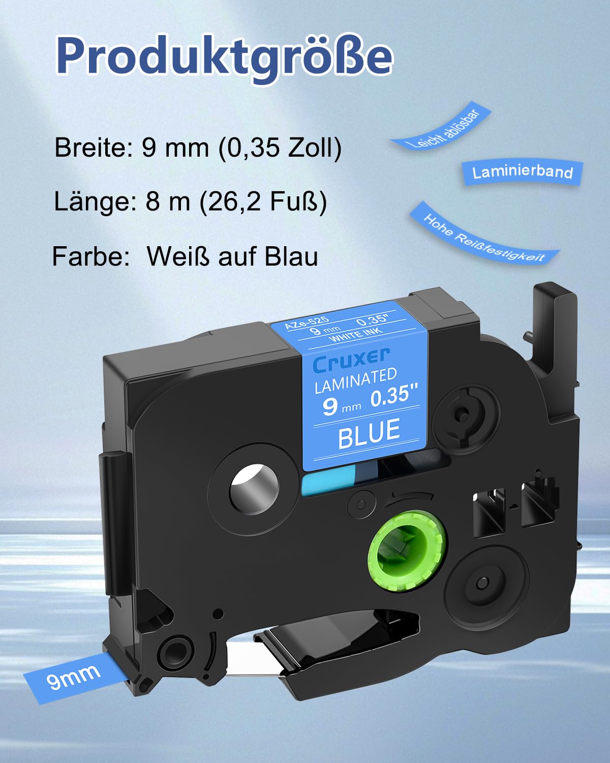 Cruxer 20er-Pack Kompatibel mit P-touch TZe-525 TZe525 9 mm Laminiertes Etikettenband, Weiß auf Blau, Ersatz für Ptouch PT-H110 H100 H105 P300BT E110 D200 D210 D400 1230PC Etikettendrucker