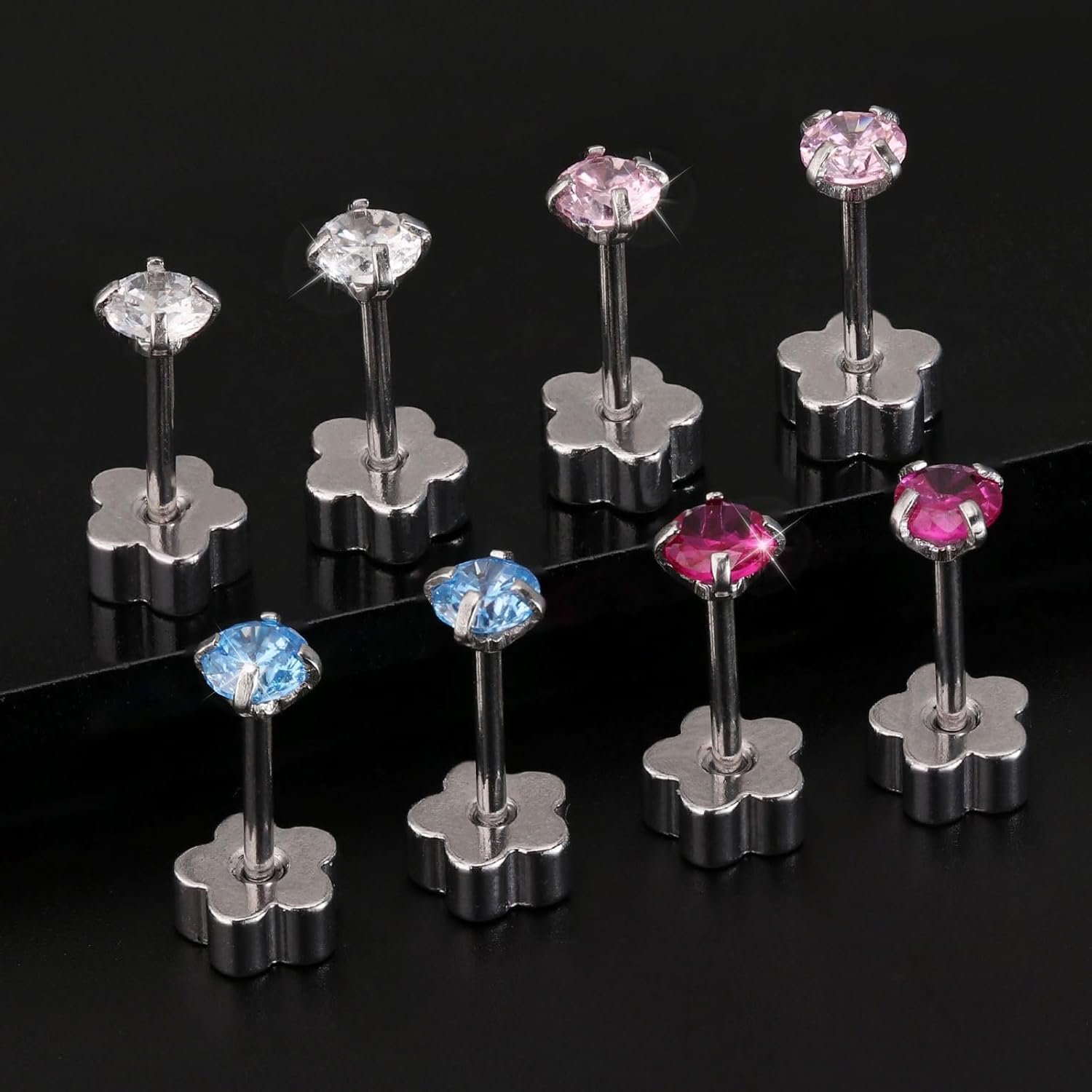 Flower Screw Back Birthstone Stud Earrings for Women Girls, 3mm G23 Tiny CZ Flat Back Stud Earrings, Screw Back Helix Earrings - Image 5