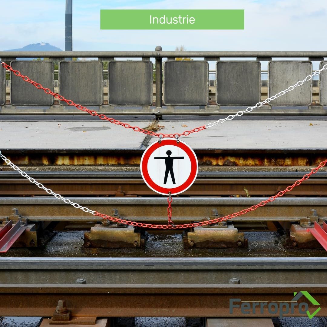 Catena in acciaio/catena di intercettazione Ø 5 mm, lunghezza: 10 m, rosso/bianco, acciaio zincato, con collegamento di emergenza e moschettone, ideale per cantieri, parcheggi, eventi, eventi