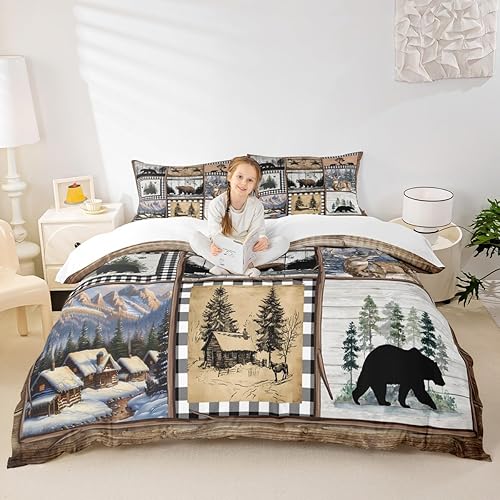 Miniatura 21 de Juego de funda de edredón para niños de aventura de camping, tamaño matrimonial, juego de ropa de cama de caza de ciervos, osos, lobo, animales