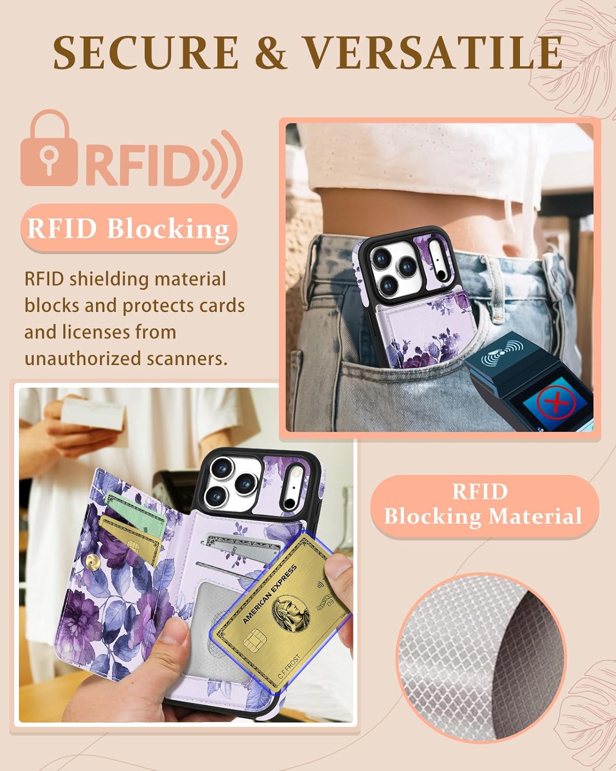 Shorogyt Compatible with iPhone 17 Pro Wallet Case with Card Holder - Cute Purple Flower Design Kickstand for Magnetic Clasp Back Flip Folio Leather Phone Covers for Women Men Girls - Image 5