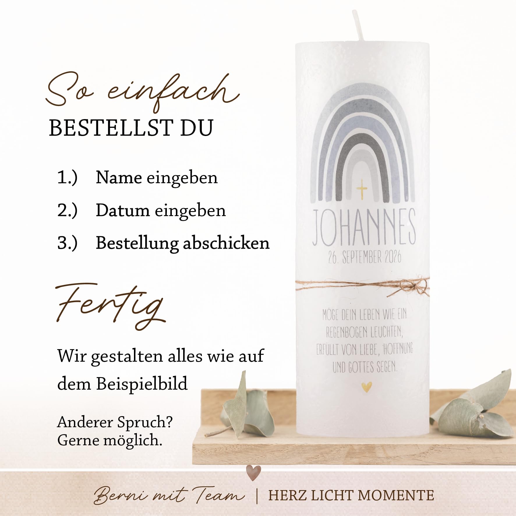 Personalisierte Taufkerze mit Name & Datum | Rustikkerze 7x20 cm | Geschenk zur Taufe Mädchen Junge | Individuelle Kerze mit Spruch | Regenbogen Motiv (Grün)