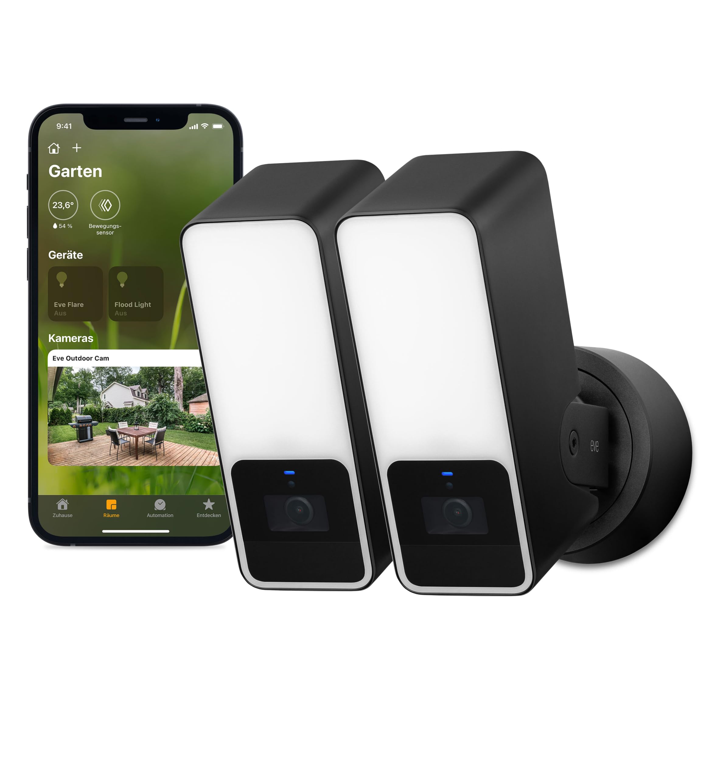 Eve Outdoor Cam (Apple Home) 2er-Pack – Smarte Außenkamera mit Flutlicht | Sicherheit & Privatsphäre (HomeKit Secure Video), Nachtsicht, Bewegungsmelder, Gegensprechanlage, WLAN (2,4/5 GHz)