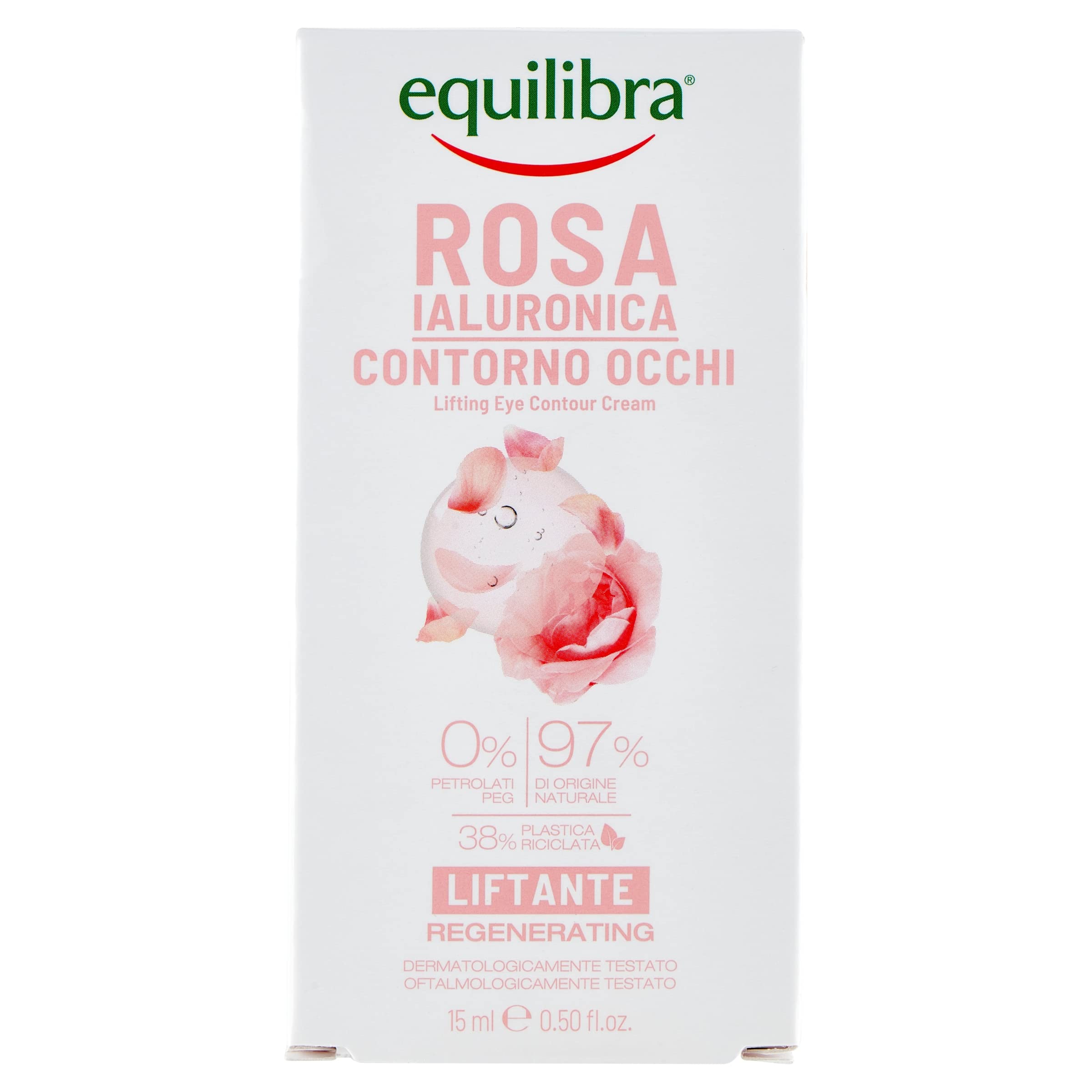 Equilibra Viso, Rosa Ialuronica Contorno Occhi Liftante, Siero Contorno Occhi a Base di Estratto di Rosa Damascena, Acido Ialuronico, Attivo da Semi di Sesamo e Microalghe, Effetto Lifting, 15 ml