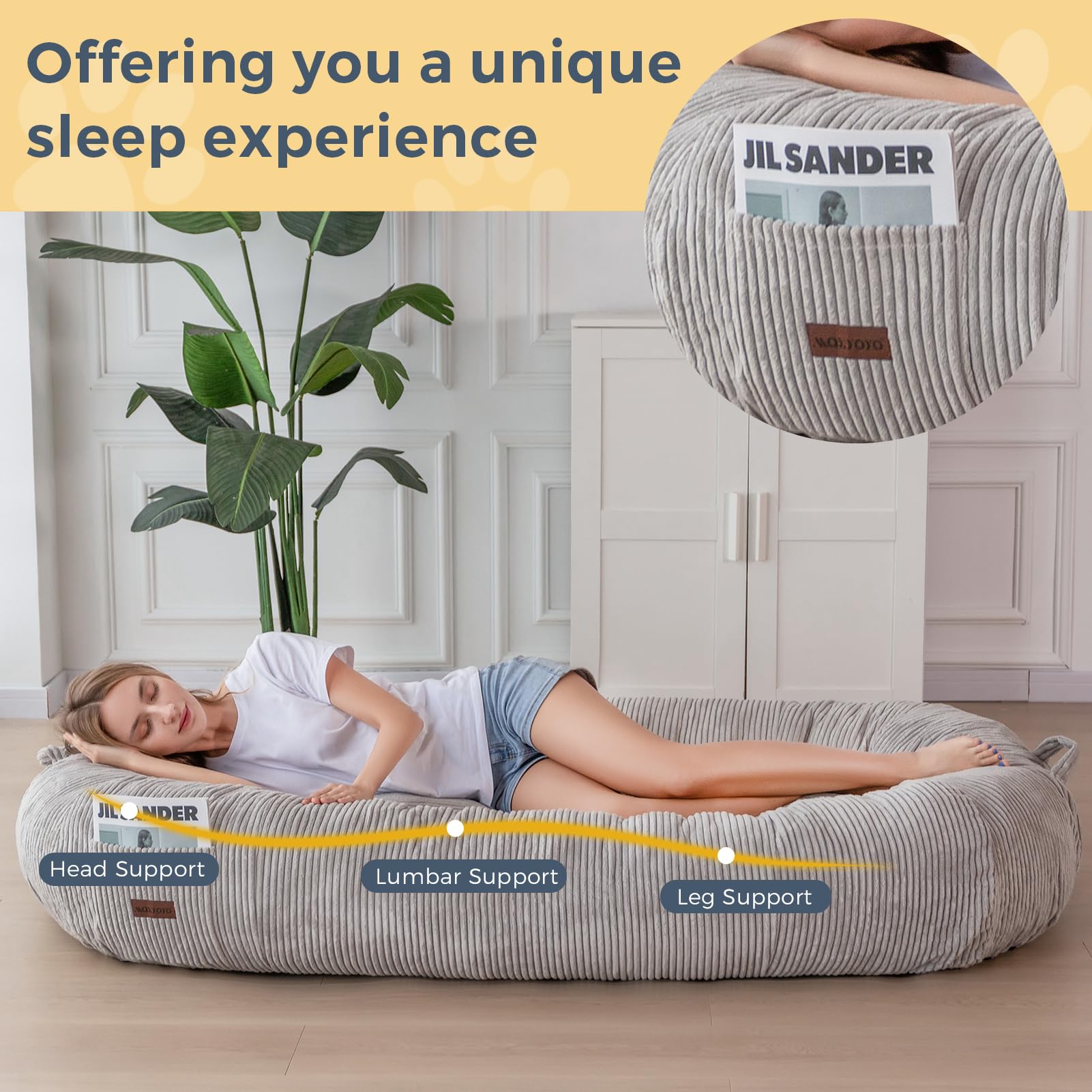 MAXYOYO Sitzsackbett XXL – Riesiges Hundebett Für Mensch & Tier, 185x115 Cm, Abnehmbarer Bezug, Flauschig Grau