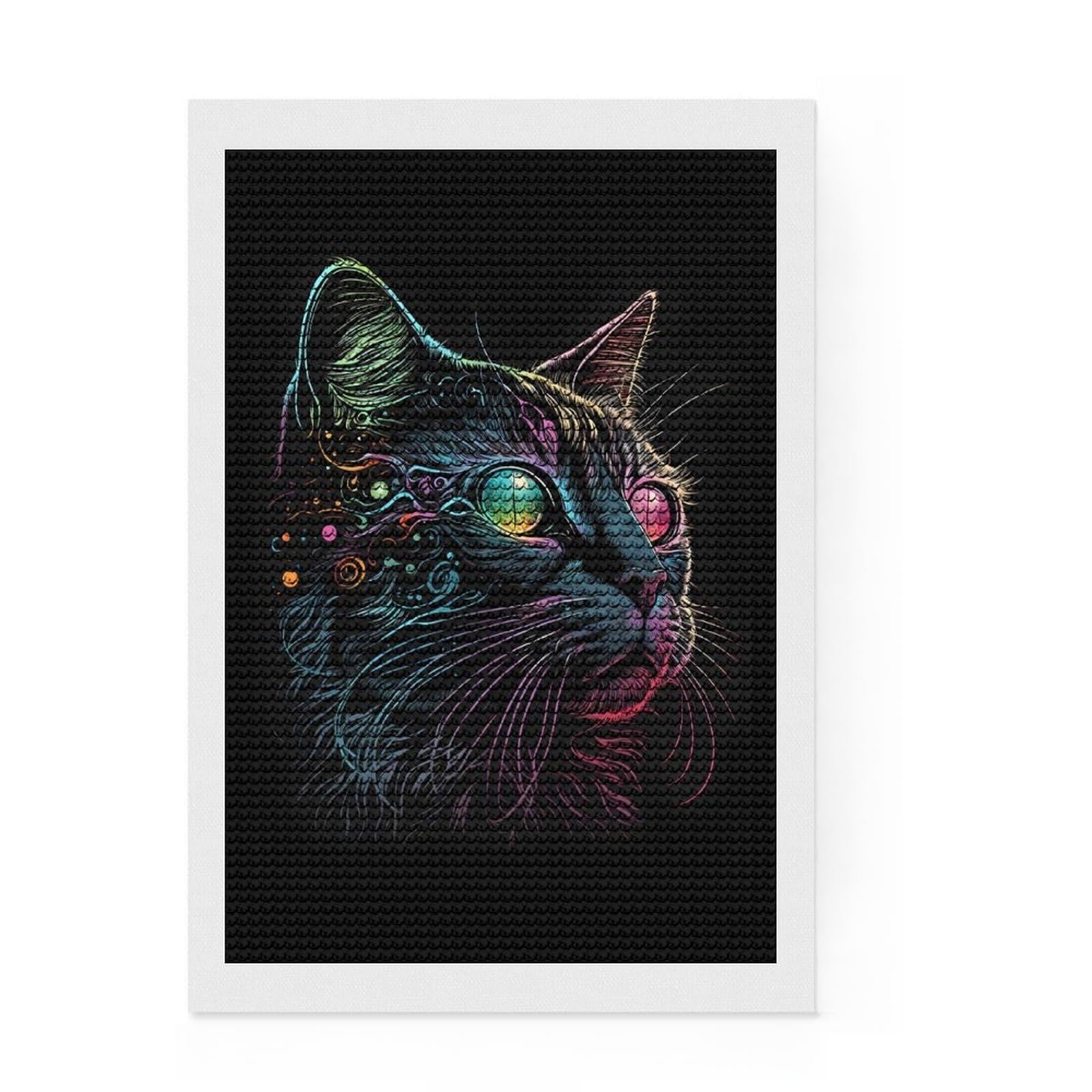 Junmoney Retro Abstract Cat Art Diamond Art Kit 8"x12", Fun Craft Experience, Boho Decor, for Teens, Thoughtful Handmade Gift, Adhesive Canvas