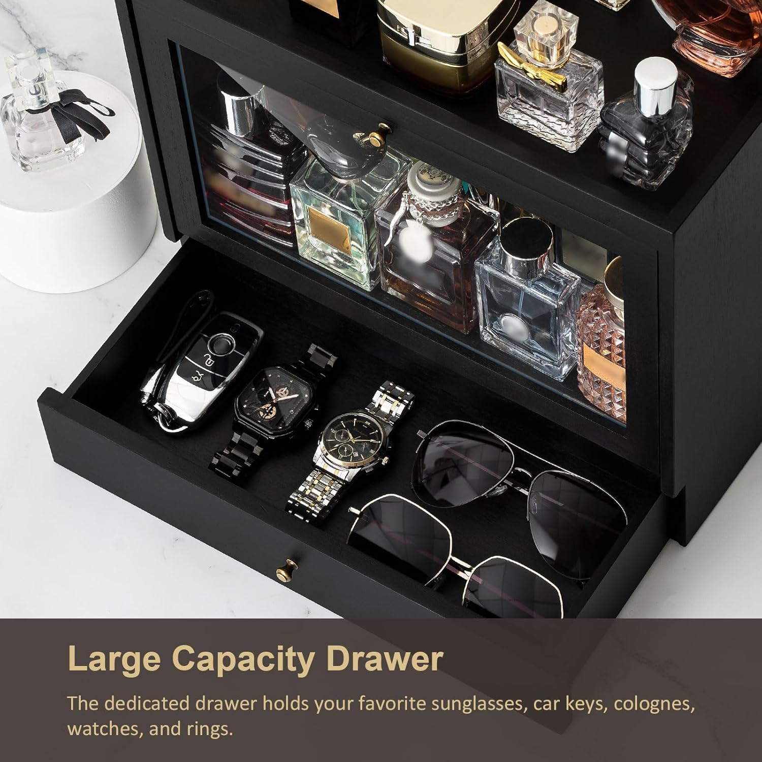 Uchwyt na perfumy, drewniany organizer na perfumy dla mężczyzn z szufladą (czarny)