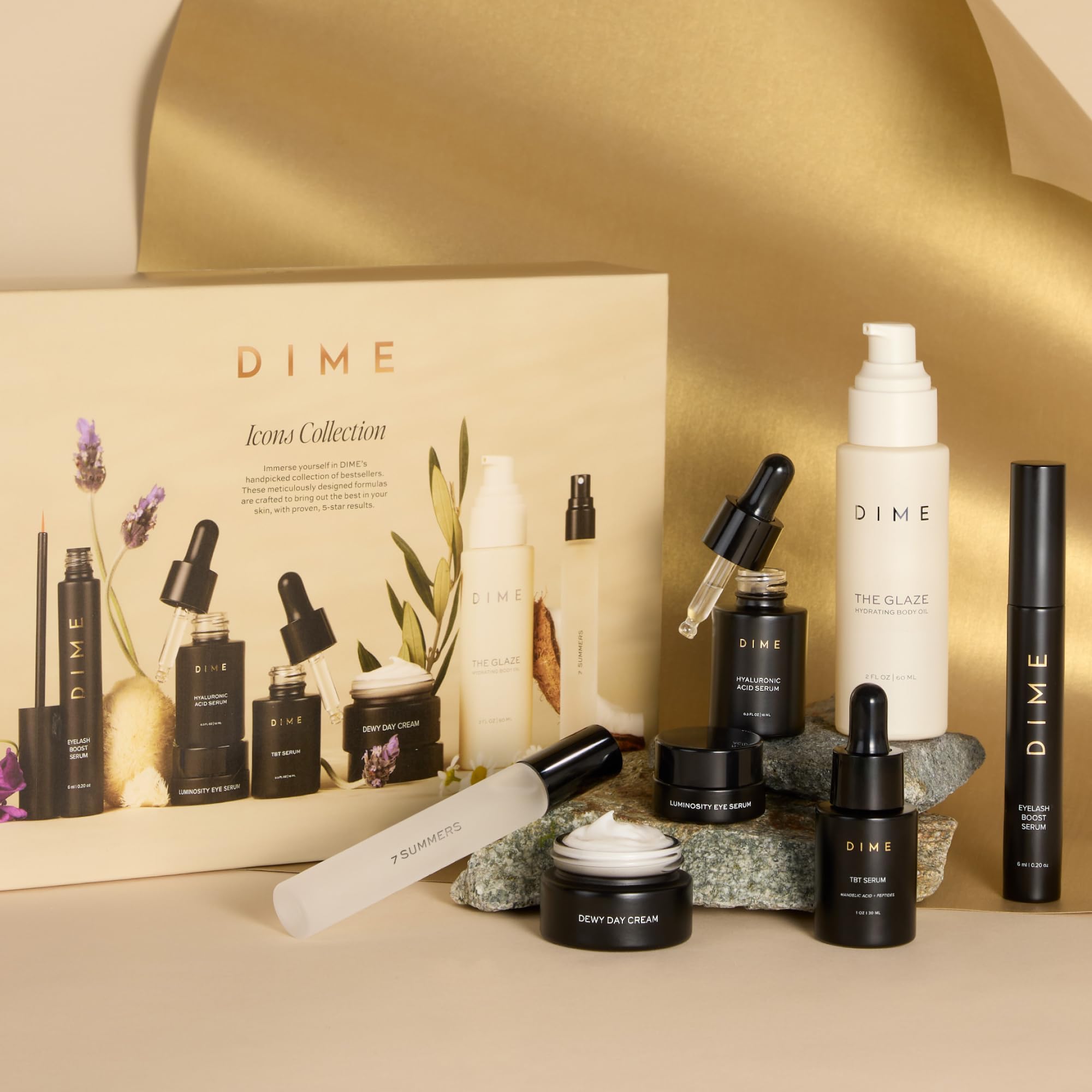 DIME Beauty Icons Collection - Travel Size Skincare Discovery Set Includes 7 Summers Perfume, Eyelash Boost Serum, Luminosity Eye, Glaze Body Oil, Hyaluronic Acid, Dewy Day Cream, TBT Serum