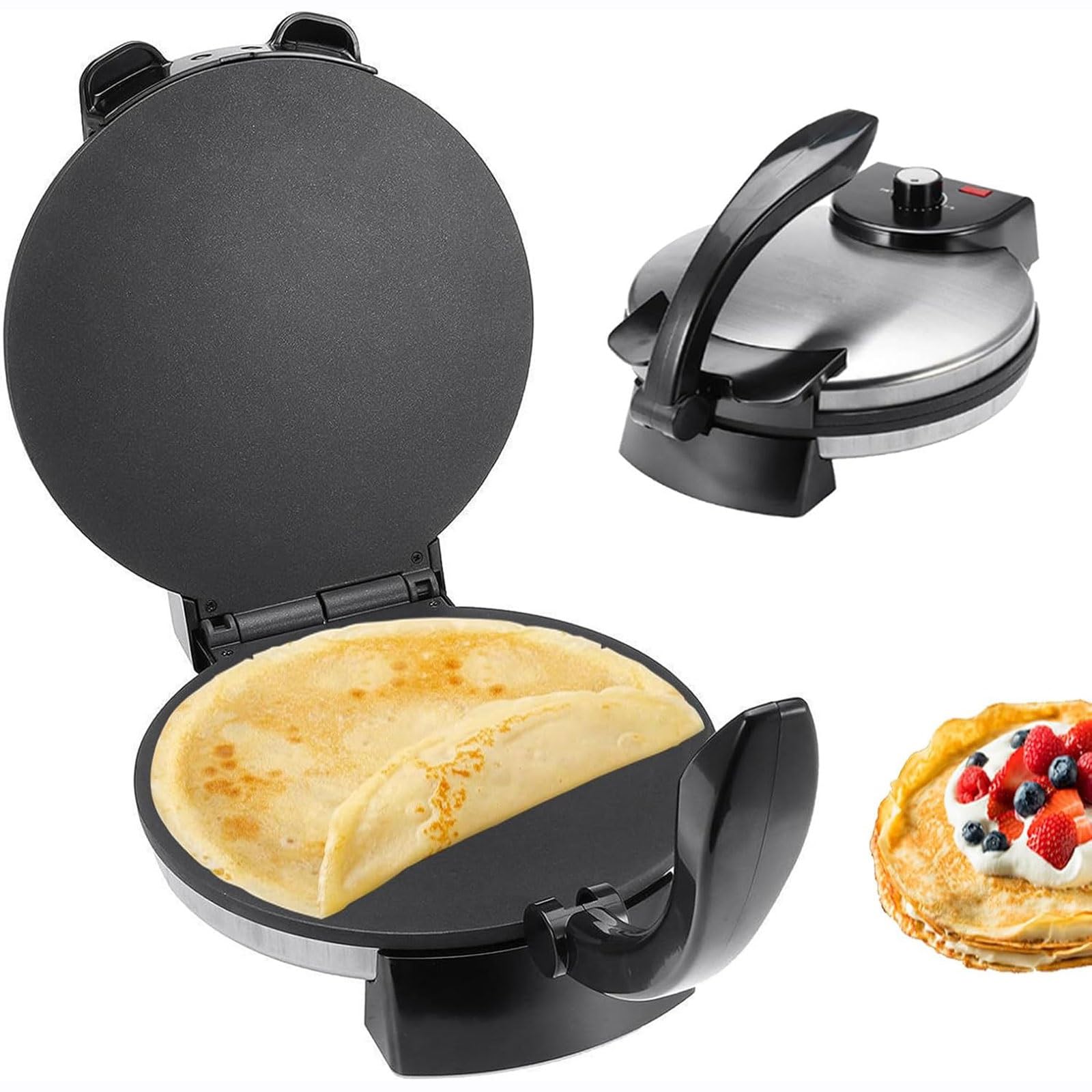 Elektryczna maszyna do robienia Roti Chapati Maker, 10-calowa nieprzywierająca prasa do robienia tortilli, maszyna do naleśników z regulowaną temperaturą, naleśnikarka, dwustronne ogrzewanie