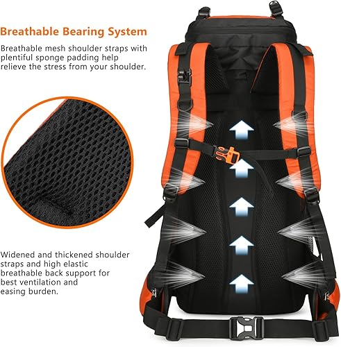 Miniatura 3 de Esup Mochila de senderismo 60L para hombres Mochila de camping con cubierta de lluvia Mochila ligera Mochila de viaje, Naranja, Mochilas de viaje