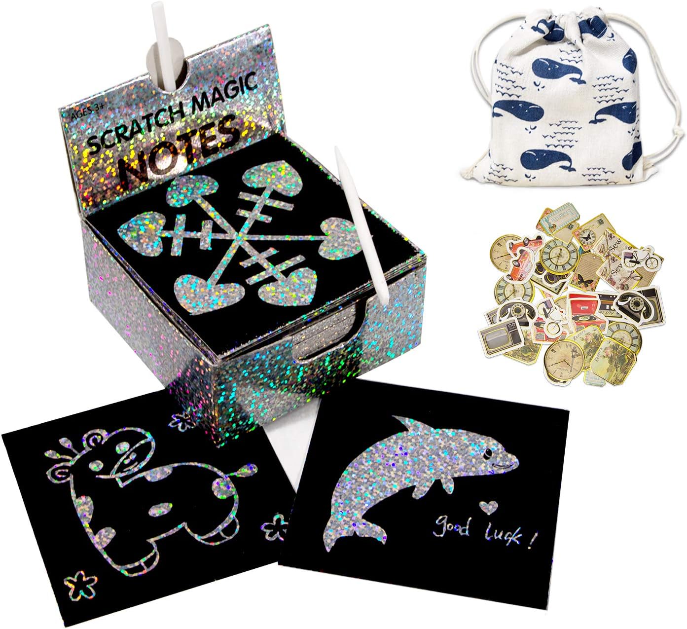 Scratch Art Notes, Scratch Off Mini Notes, Doodle Pads 100 Sheets with 2 Stylus Tools, Art Supplies, Scraping Drawing Toys, Unique Gift for Boys, Girls, Women, or Anyone!