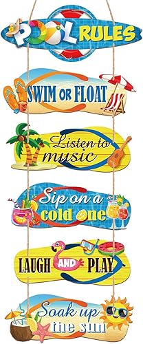 Paquete de 6 letreros de madera con reglas de piscina de 4 x 11 pulgadas, para colgar pantuflas de verano, decoraciones al aire libre para