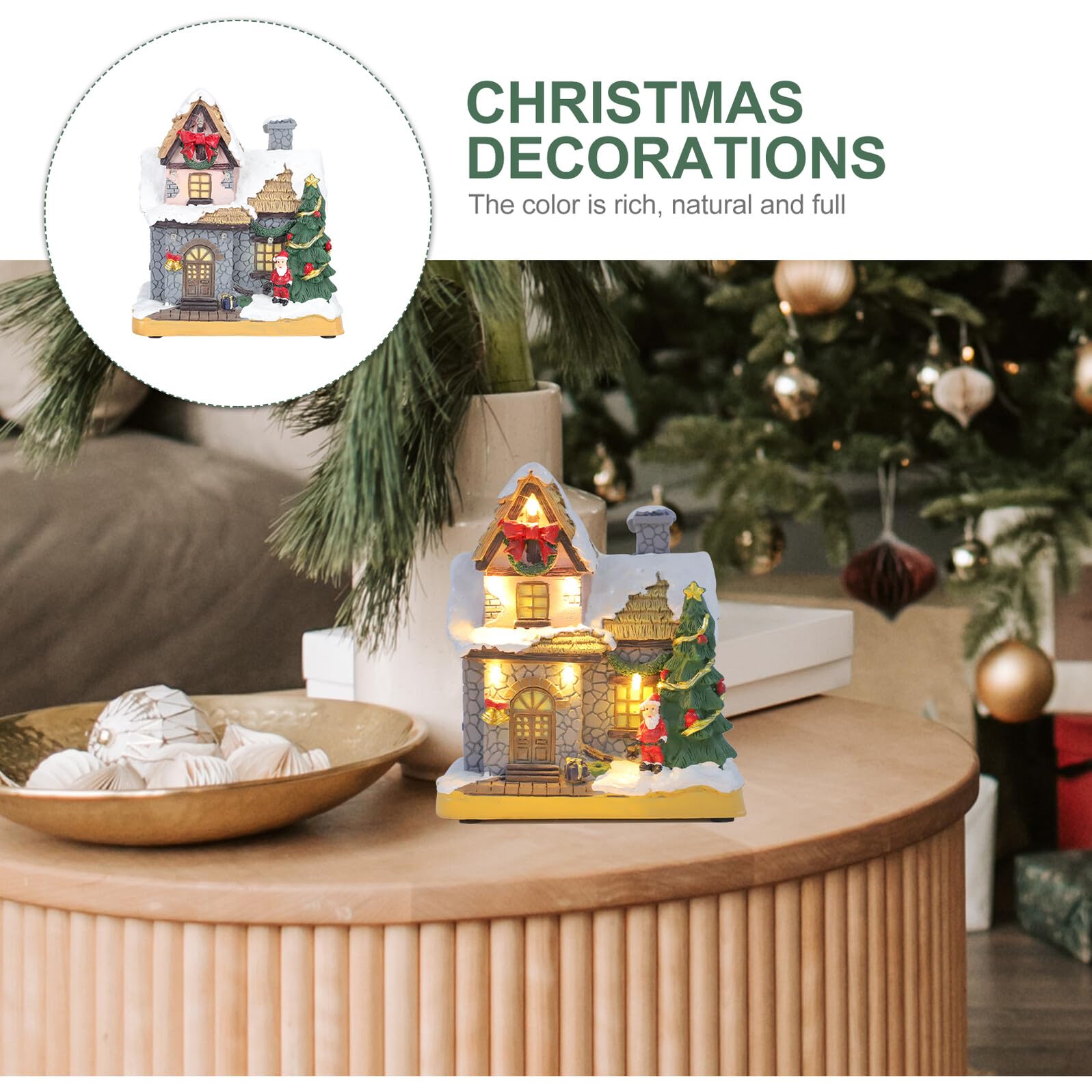 Housoutil Weihnachtliche Harz Hausdekoration mit LED Beleuchtung Kleiner Haus Ornament für Schlafzimmer und Büro Dekorativ und Festlich im Weihnachtsstil
