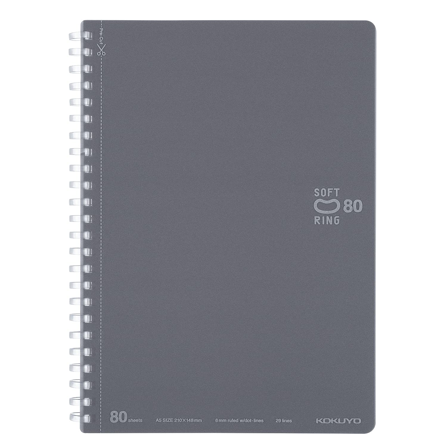 Kokuyo D Shaped Soft Ring Notebook, 6mm ruled w/dot-lines, 29 Lines, 80 Sheets, A5, Gray, Japan Import (SU-SV338BT-DM)