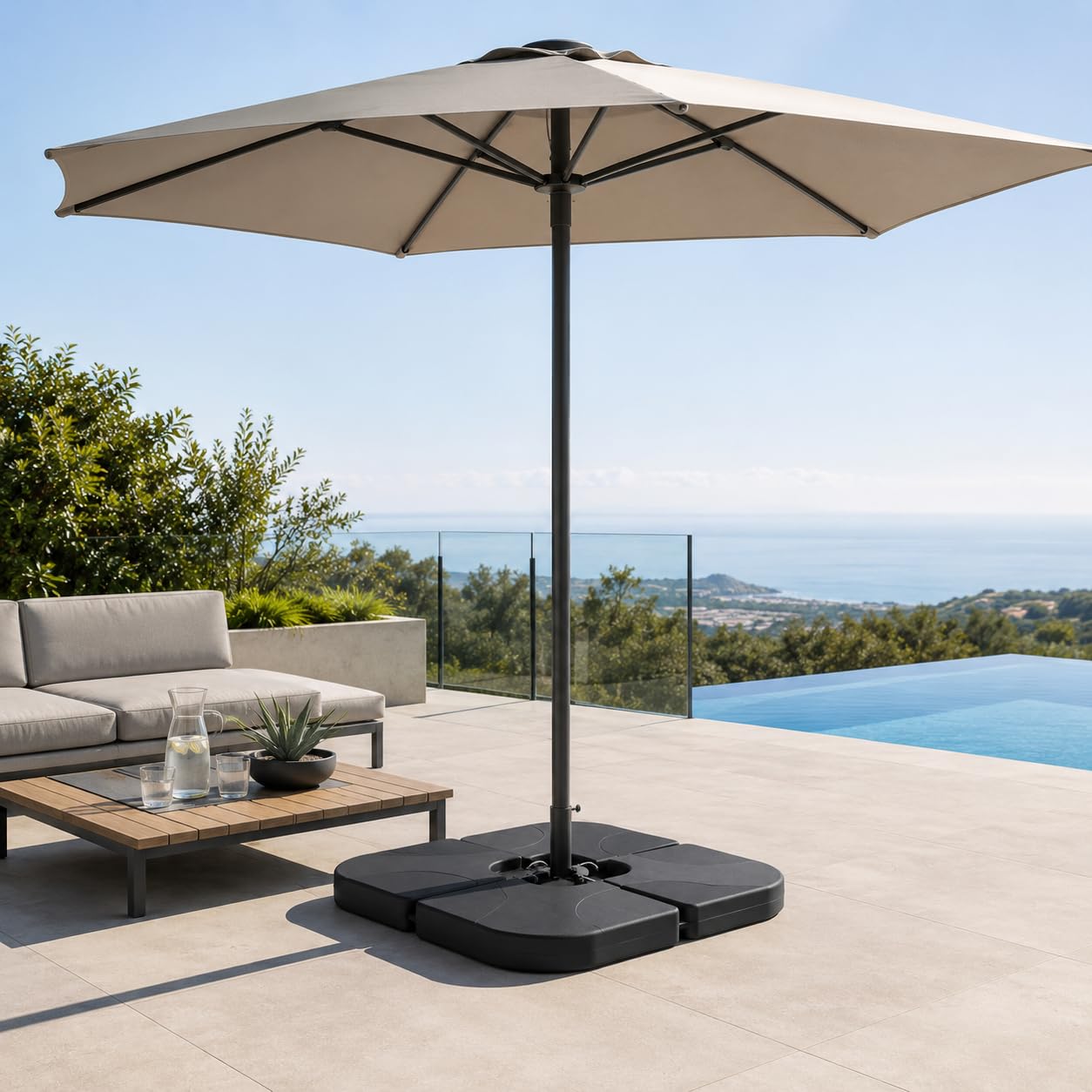 Base para Sombrilla Rellenable Modular 4 Piezas – Pie de Parasol para Agua o Arena, Compatible Mástil Central y Lateral, Negro, Uso Exterior Terraza y Jardín