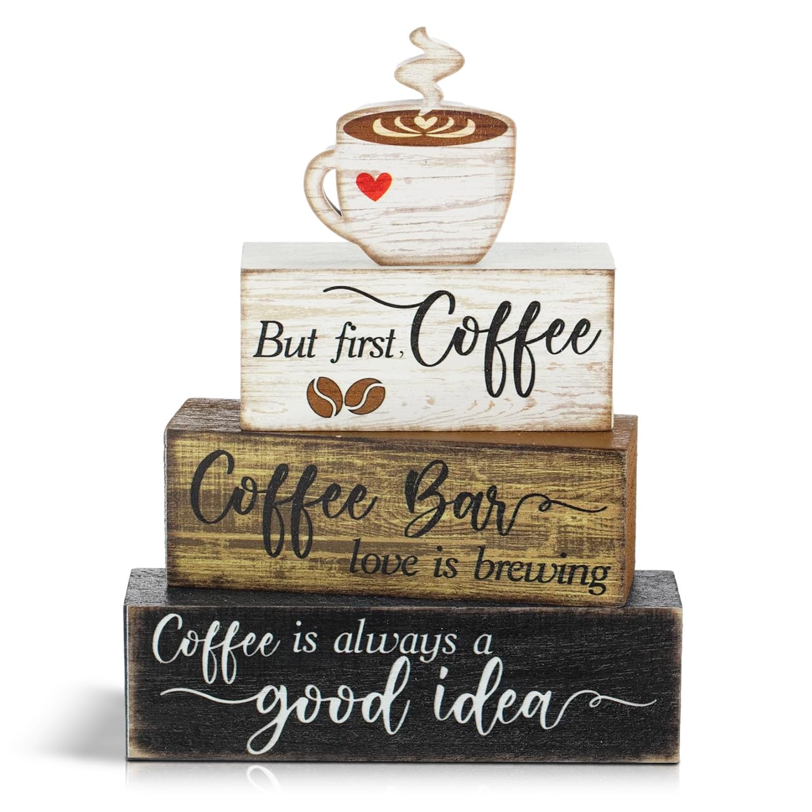4-Piece Boxwood Coffee Sign Set, Rustic Kitchen Decor Accessories, Coffee Wall Art for Home Decoration, Kitchen Signs Wall Decor Set for Cafes and Dining Rooms, Gift for Coffee Lovers