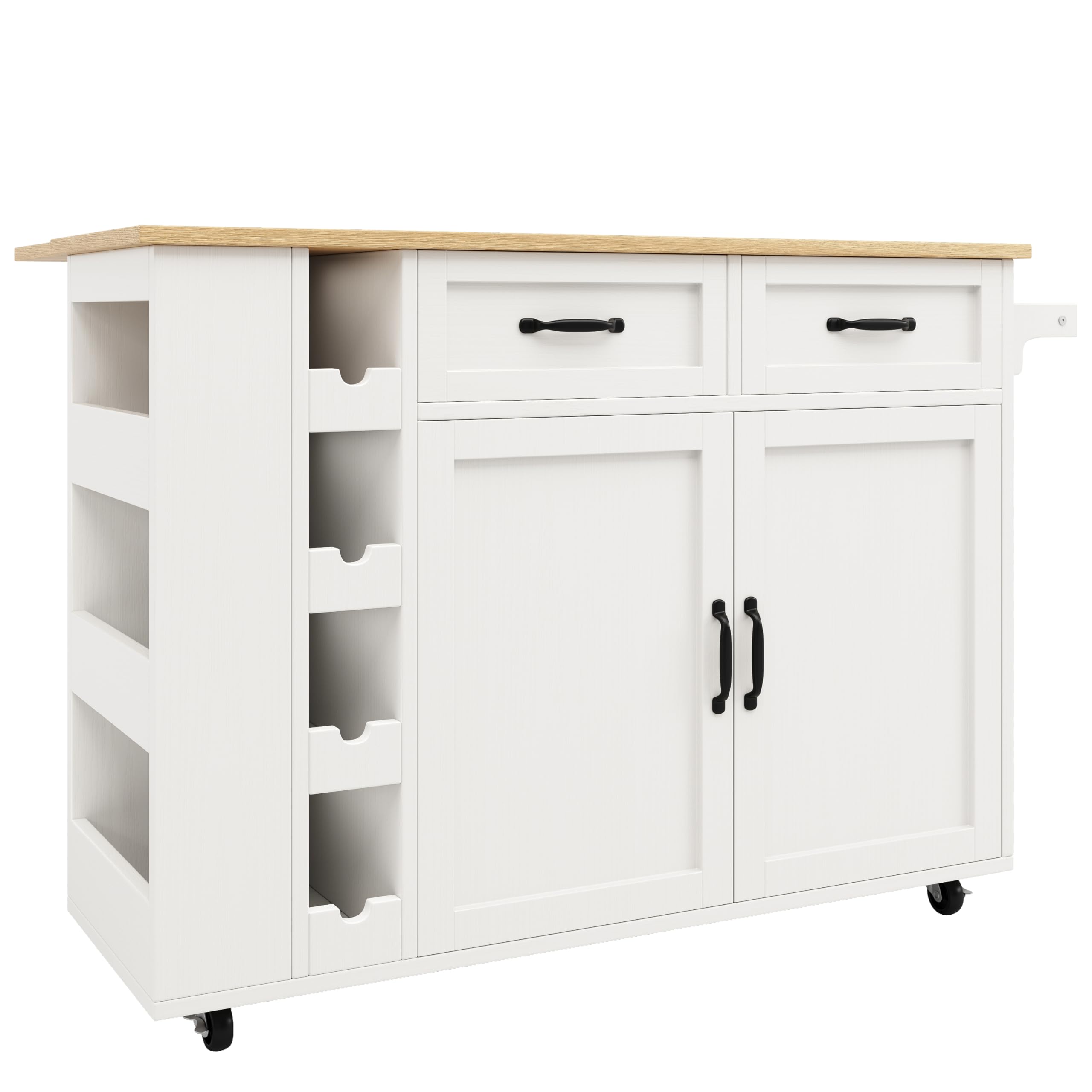LAKFEW Isla Cocina con Ruedas y Enchufes, Aparador Cocina con Tablero Plegable y Botellero, Mueble Auxiliar de Cocina Isla de Cocina con 2 Cajones y Toallero, 131.5x43(76) x90.7 cm, Blanco+Natural