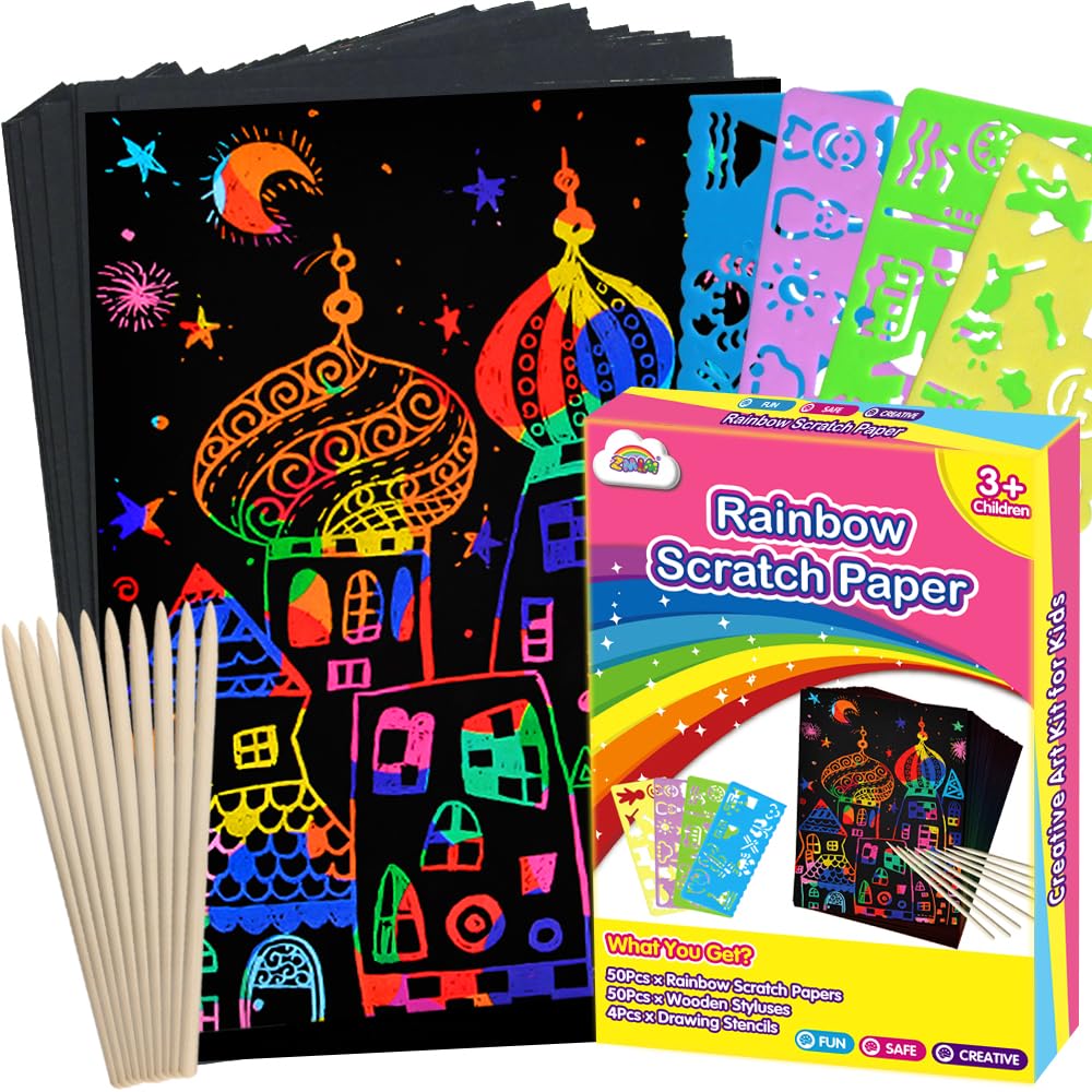 ZMLM Scratch Paper Art Set, Rainbow Magic Scratch Paper for Kids Black Scratch it Off Art Crafts Kits Notes Boards Sheet with 5 Wooden Stylus for Girl Boy Easter Party Game Christmas Birthday Gift