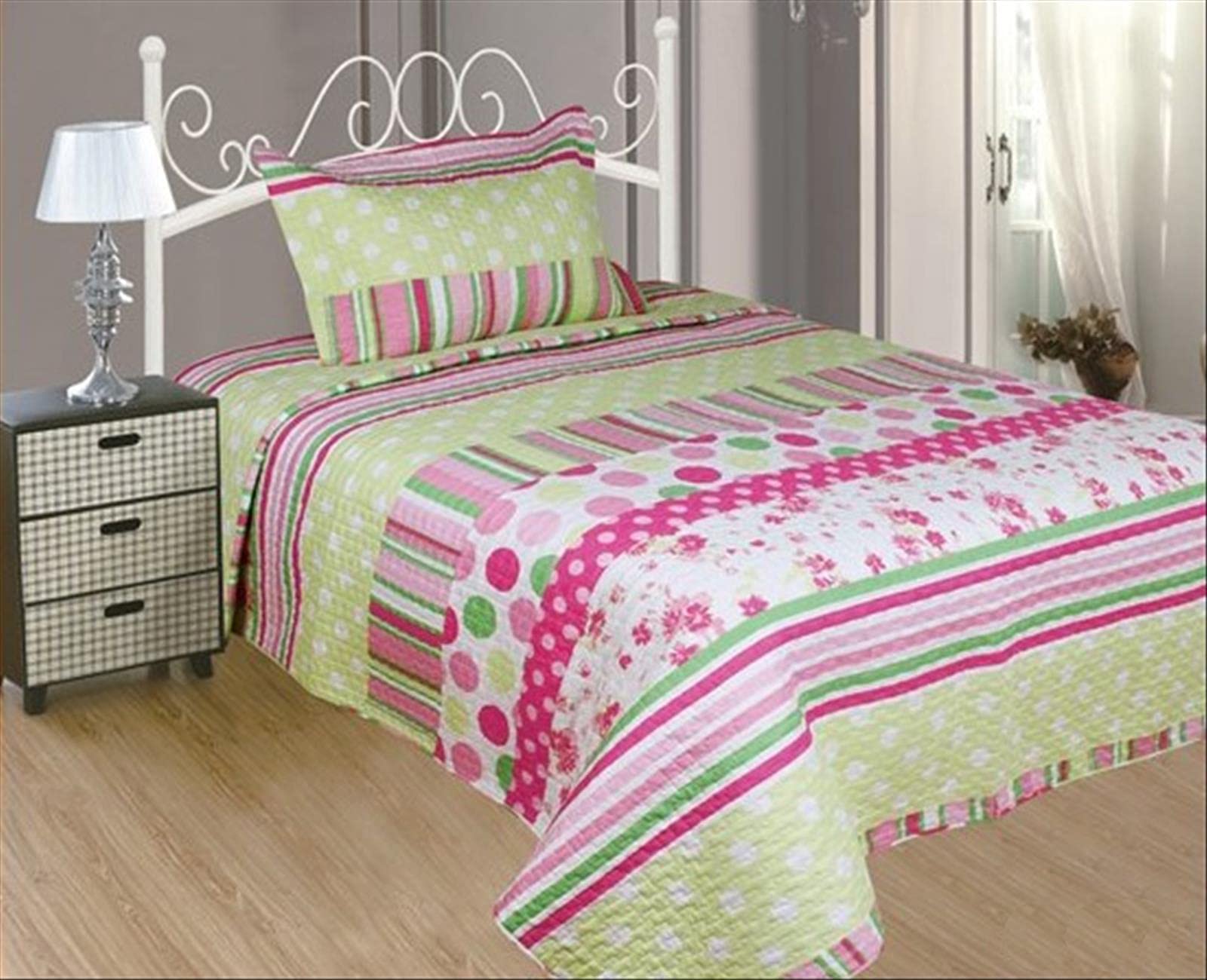 ForenTex- Colcha bouti Reversible, (SE-2570), Cama 90 y 105 cm, 190 x 260 cm, Estampada Cosida, Niña Lunares