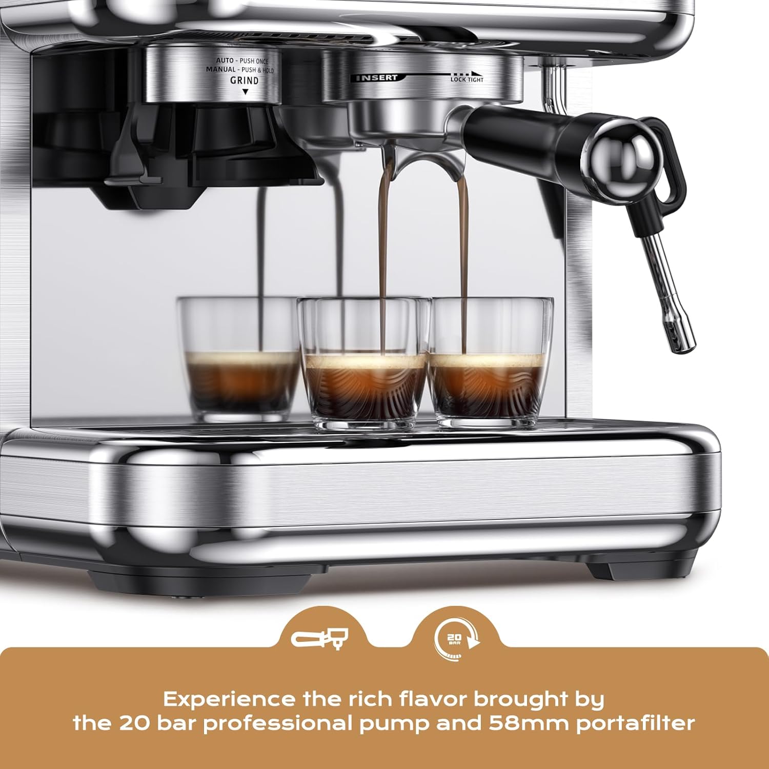 Espresso Machine with Grinder, 20 Bar All-in-One Coffee Maker with Milk Frother, LCD Display & 58mm Portafilter, Stainless Steel Cappuccino & Latte Machine with 77.77oz Removable Water Tank for Home