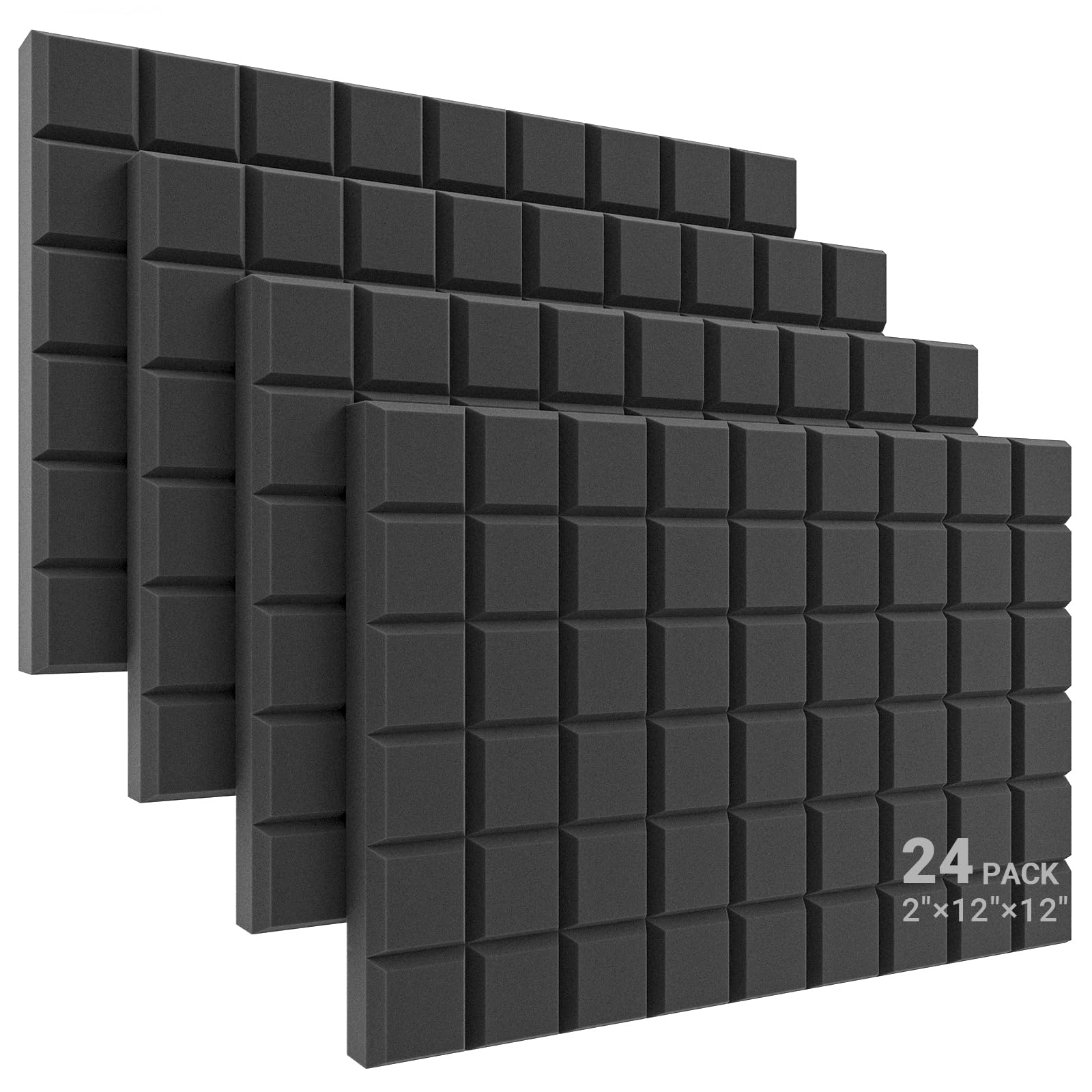 JBER Lot de 24 panneaux acoustiques en mousse ignifugée pour studio, isolation phonique, traitement acoustique, motif biseauté carré, 5,1 x 30,5 x 30,5 cm, noir