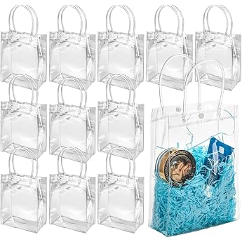 Pack of 25 Clear Gift Bags - Reusable Gift Bags Transparent - PVC Gift Bags - Candy Bags with Handles for Wedding Shopping Party Baby Shower - 23 x 17 x 7 cm