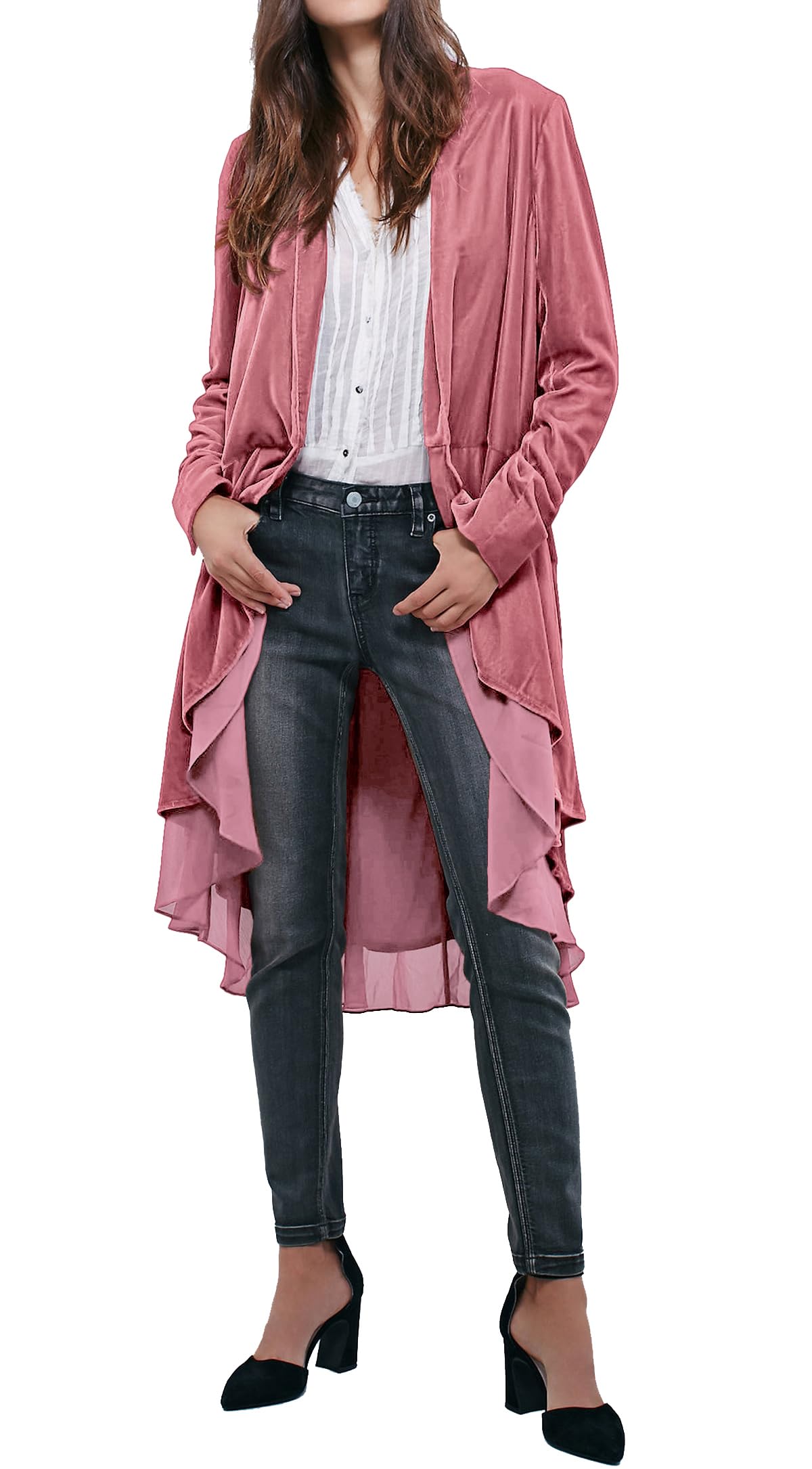 R.Vivimos Womens Ruffled Asymmetric Long Velvet Blazers Coat Casual Jackets